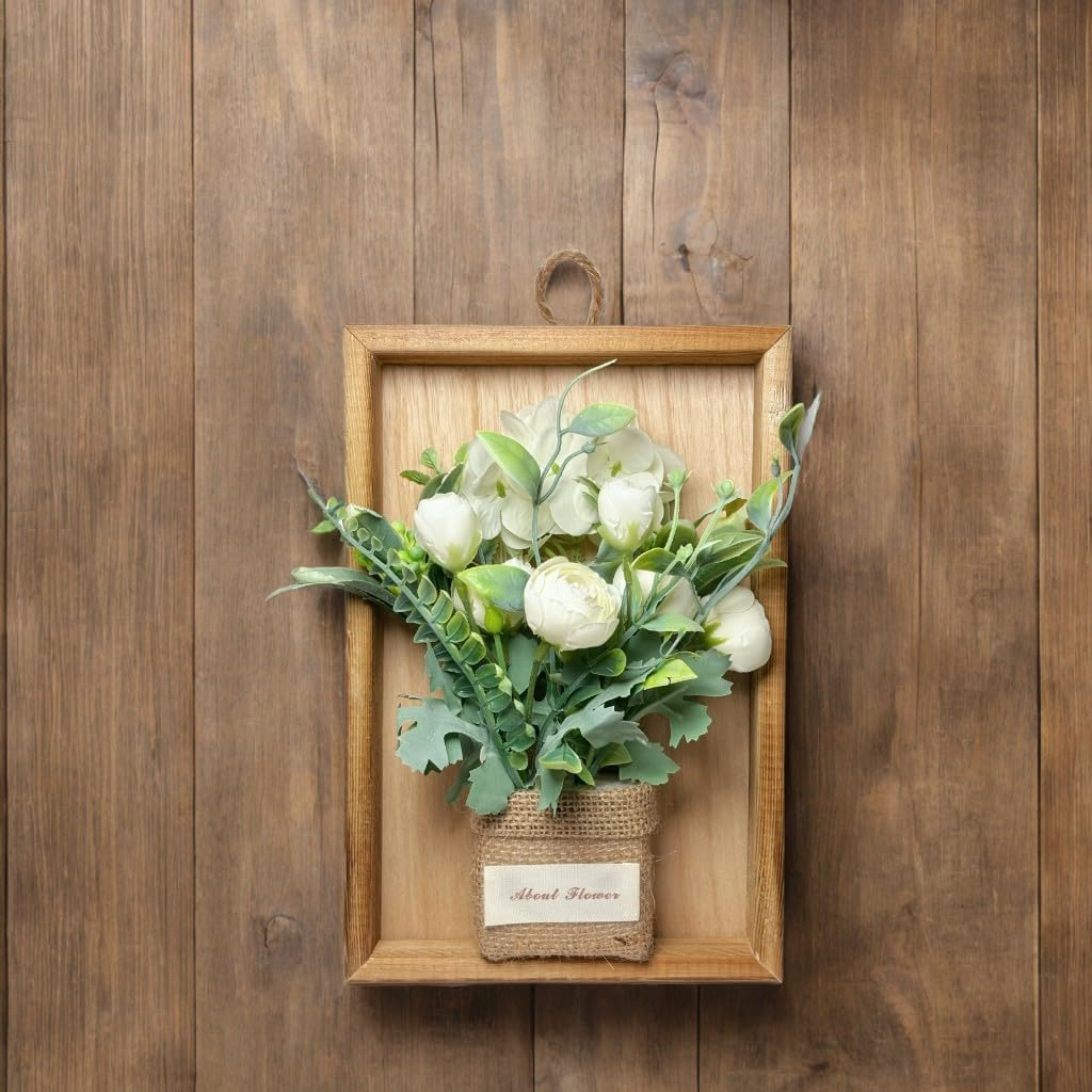 Midrodlle Artificial Hanging Plants Wall D&eacute;cor in Wooden Frame (22.8 X 15.5 Cm), Fake Flowers Wall Art Indoor Decorations-Aisha White Roses image number 2