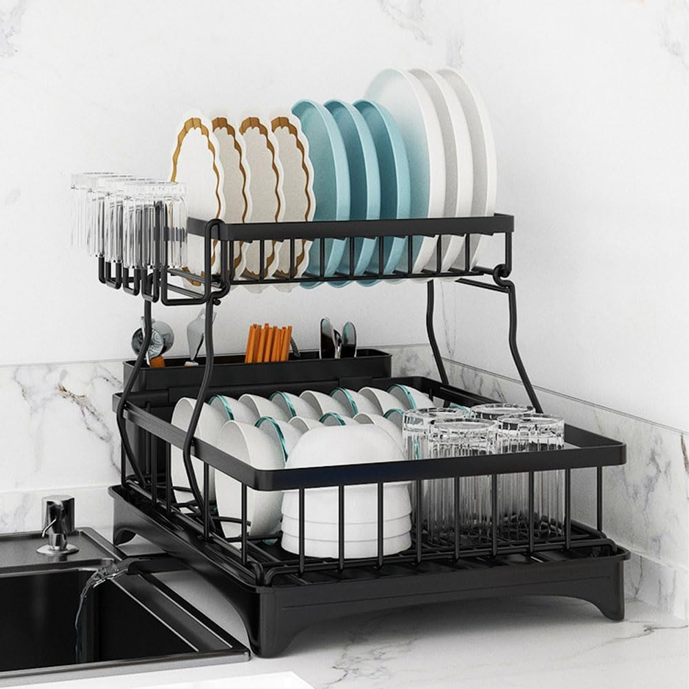 Dish Drying Rack, Dish Rack with Draining Tray, Made of Carbon Steel, Removable Cutlery Holder with Drip Tray Swivel Draining Spout, for Kitchen Countertop（Black 2） image number 5