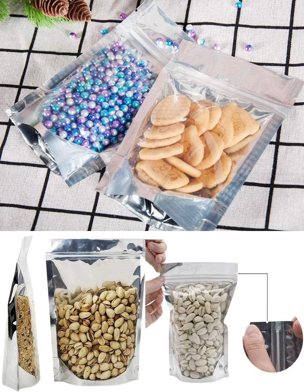 100PCS Candy Bags with Clear Window, 18X26Cm Stand up Aluminum Foil Bags, Smell Proof Bags,Reclosable Reusable Food Pouches Bags with Zip Lock,Sealable Treat Bags for Snacks Beans Coffee image number 1