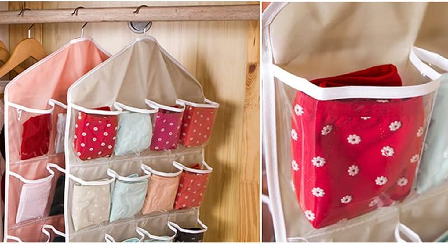 16 Pockets Organizer Clear Hanger Wardrobe Storage Bag Hanging Socks Rack Holder - Durable Polyester Socks and Accessories Storage Bag, 70X40Cm image number 1