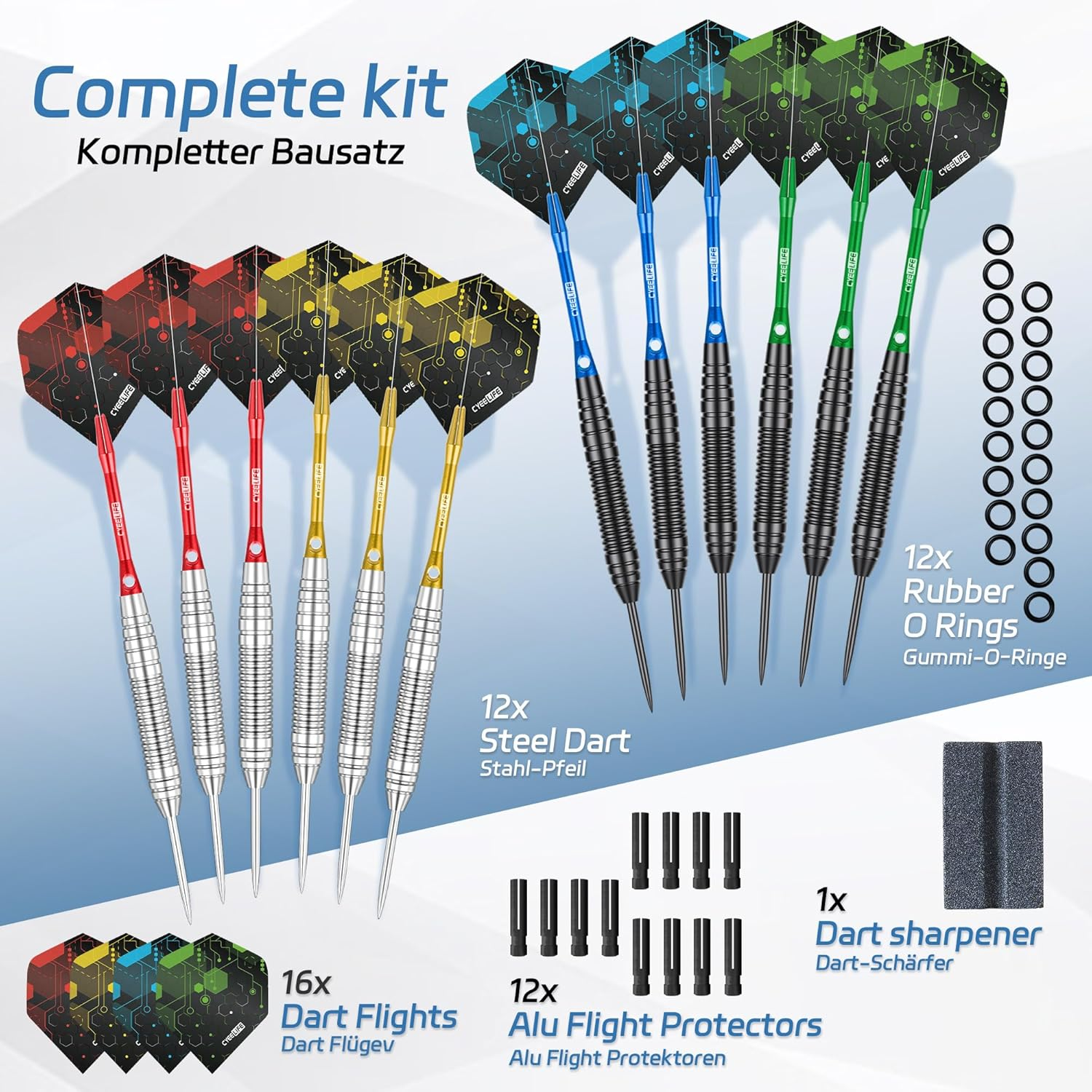 Cyeelife Steel Tip Darts 12 Pack,Professional 20 Grams Metal Dart Set with 4 Color Premium Aluminum Shafts, 4 Style 16Pcs PET Flights and 12 Alu Flight Protectors,Beginner or Professional Darts