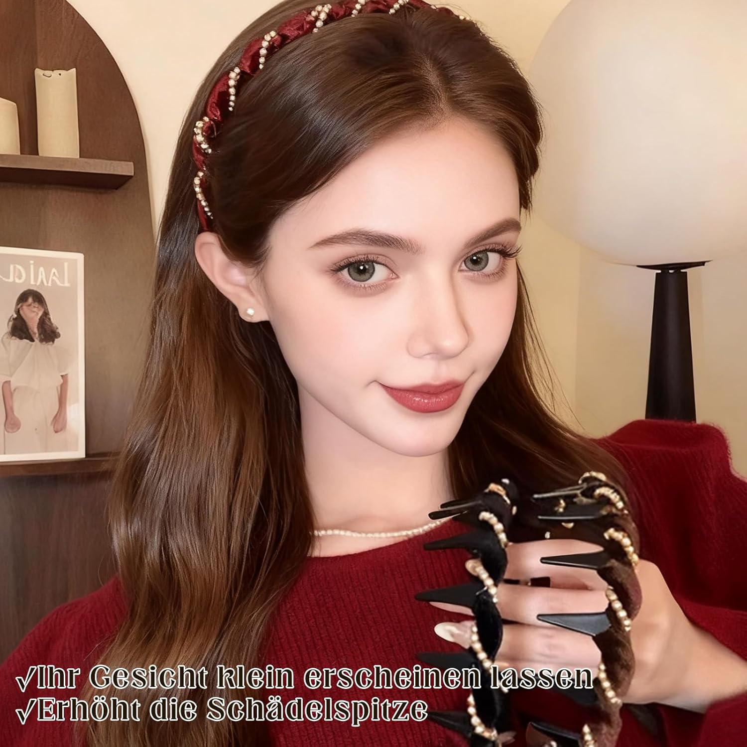 3Pcs High Updo Artificial Pearl Hairband, Fashion Headband Women, Grace Headbands for Rhinestones Bridal Hair Hoop, Birthday Party Valentine'S Day Gifts (Black/Red/Brown)