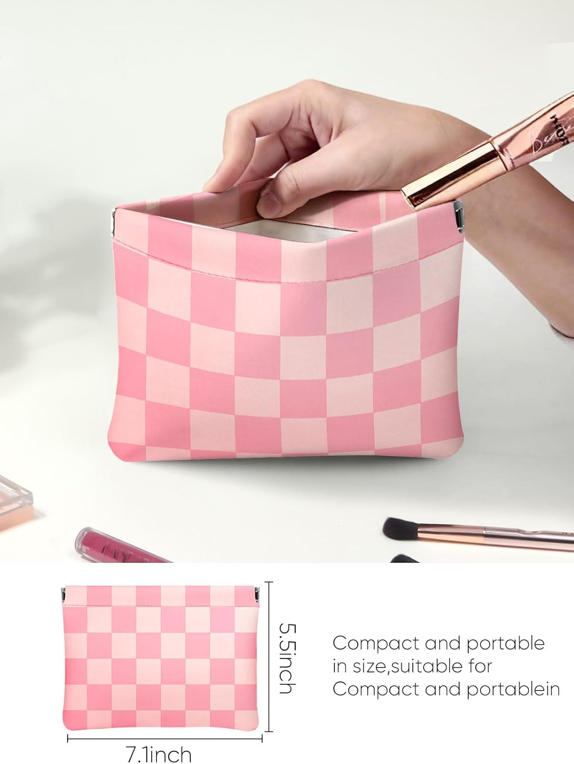 Ksriylm Rose Pink Checkered PU Leather Makeup Pouch Set for Women Cute Check Pattern Small Make up Bag for Purse Waterproof Initial Plaid Makeup Cosmetic Bags Pouches for Purse Travel Toiletry Bag - Brown image number 3