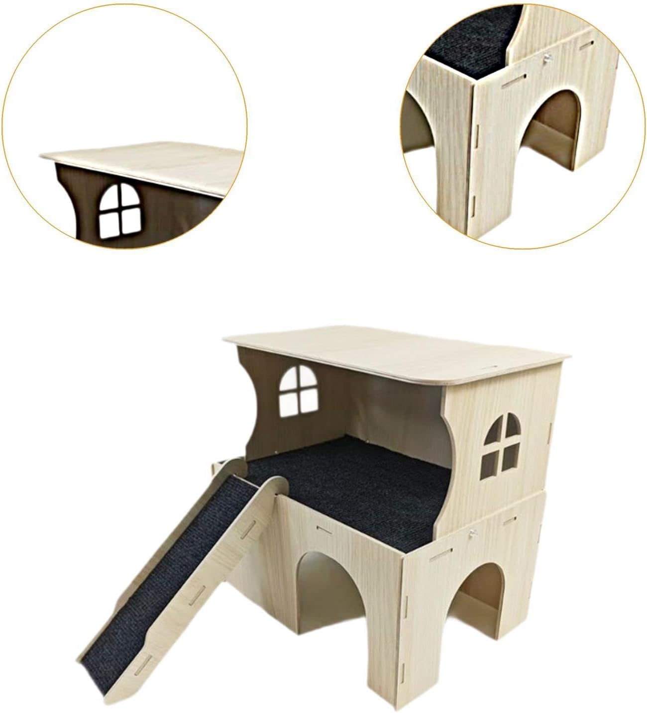 Qianly Wooden Hamster House Guinea Pig Hideout Hideaway,Hiding,With Stairs,Bed Hut Habitats Small Animal Hut for Gerbils Hamsters image number 3