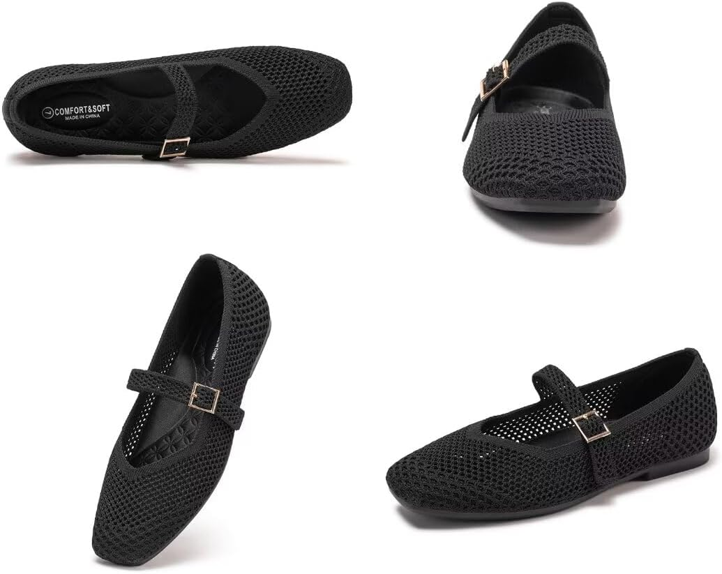 Frank Mully Womens Casual Flat Shoes Square Toe Shoes Knitted Mesh Flat Comfort Work Flat Shoes for Daily Washable