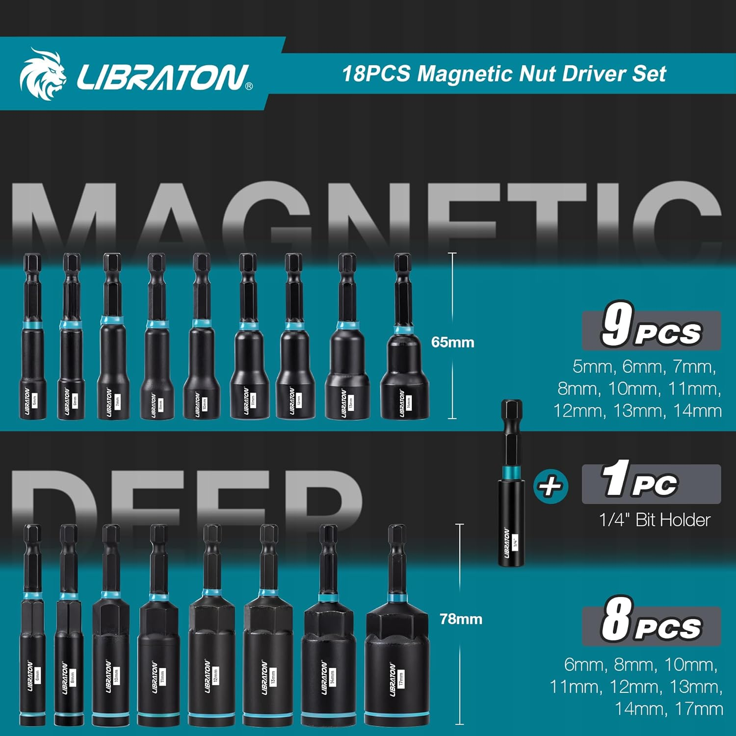 LIBRATON Magnetic Nut Driver Set, 18Pcs Impact Driver Bit Set, Deep Nut Drivers Set, Metric Nut Driver for Impact Drill, 5-14 MM Nut Drivers and 6-17 MM Nut Deep Drivers, Bit Holder, for Car Repairs image number 3