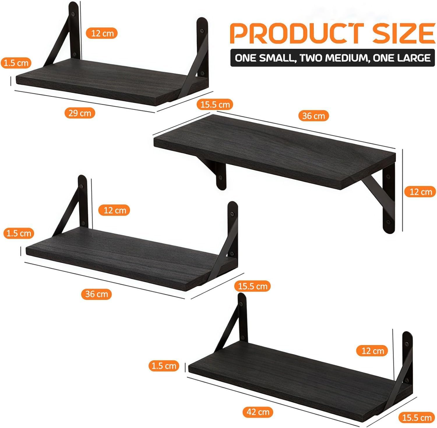 Floating Wall Shelves for Bedroom Decor Home Decor, Wall Storage, Book Shelf, Wall Mounted Rustic Wood Shelf for Books,Plants (Black, 4 Pack) - Black -4 Pack image number 6