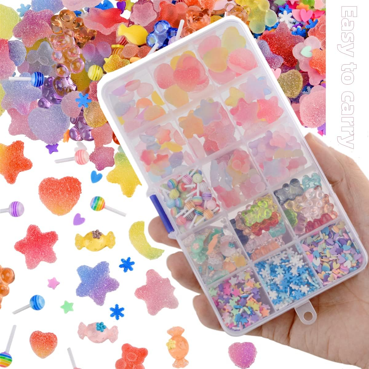 Edittime 200PCS Kawaii Colorful Resin Acrylic 3D Gummy Bear Multi-Sized Heart Star Nail Charms with 300PCS Snowflake Heart Star Slice (Multicolor5) - Multicolor5 image number 6