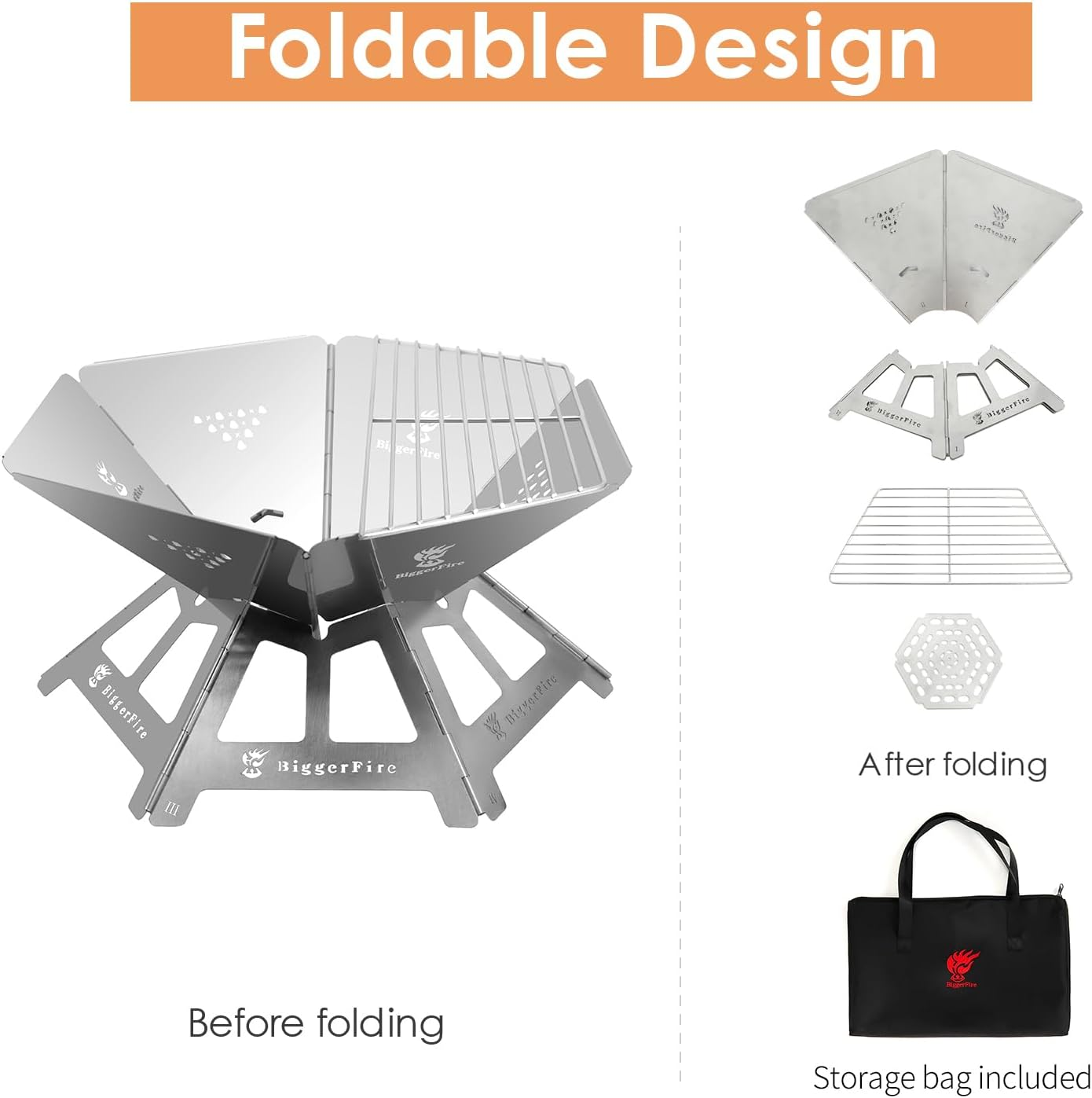 Biggerfire Stainless Steel Foldable Fire Pit with Charcoal Grill Small Size Wood Burning Grill,Portable with Carrying Bag for Patio Yard Outdoor Barbecue Camping Bonfire Lightweight 1.7Kg image number 6