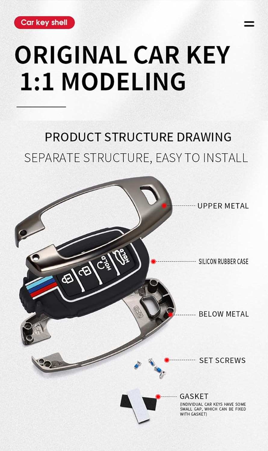 Ontto Metal Car Key Fob Cover Fit for Hyundai I30 Ix35 Kona Elantra Solaris Azera Accent Palisade Santa Fe Remote Key Case Keyring Silicone Key Shell Holder Bag Keychain Accessories 4 Button-C Silver - 3 Buttons-Silver image number 2