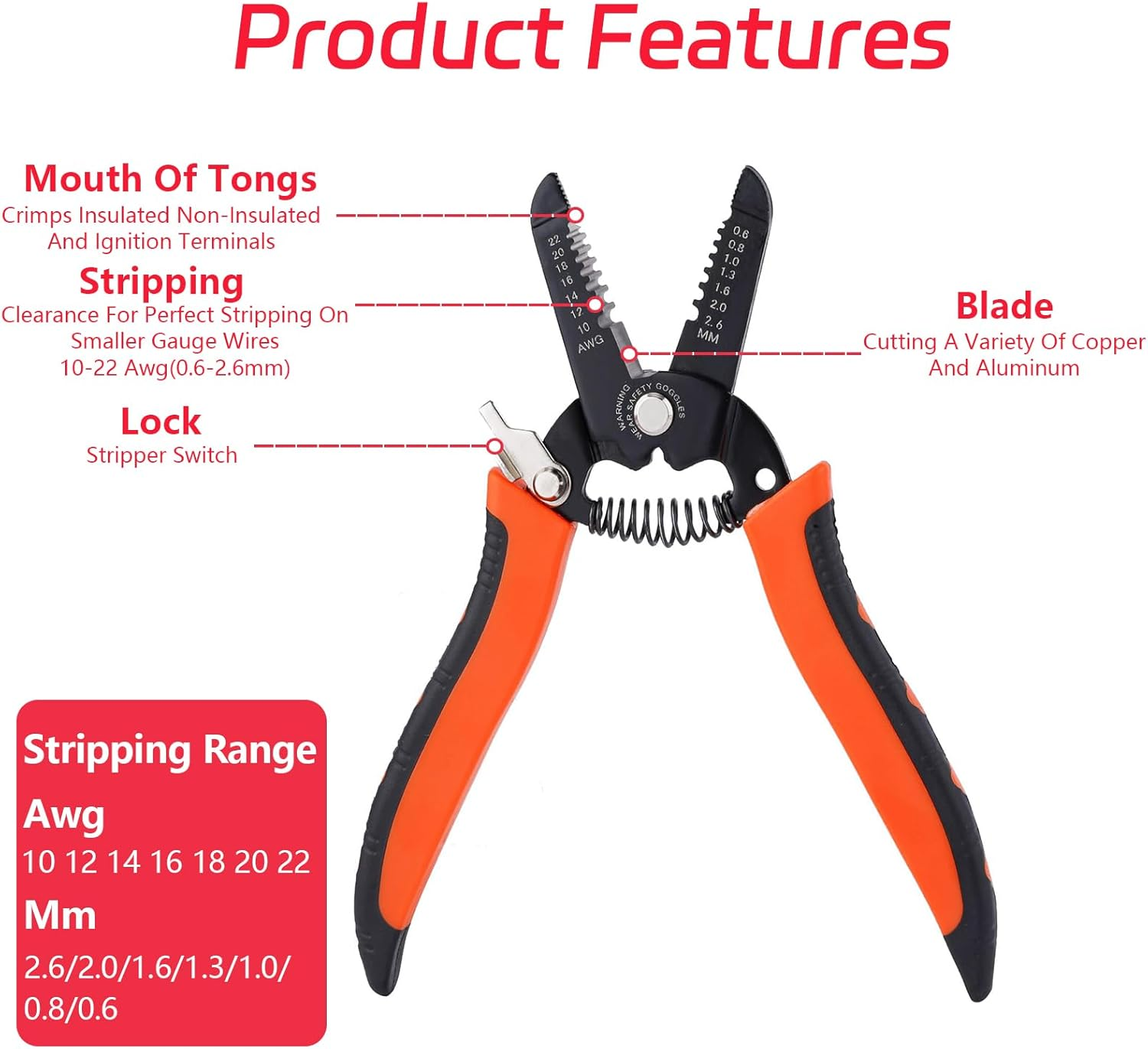 7 Inch Wire Stripper Tool and Cutter, Wire Crimping Tool,Multi-Function Hand Tool for Crimping Stripping,Cutting for 10-22 AWG Solid and Stranded Wires,Made of 65Mn for Durability