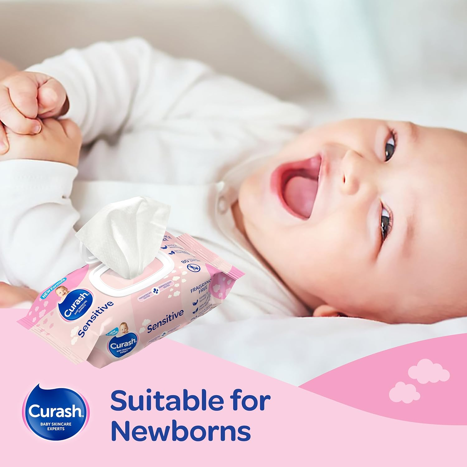 New Formula Curash Fragrance Free Baby Wipes, 8X80 Pack, for Sensitive Skin, Suitable for Newborns, Thick & Soft Texture, No Soap, Alcohol or Parabens, Everyday Cleansing and Nappy Changes, 640 Wipes