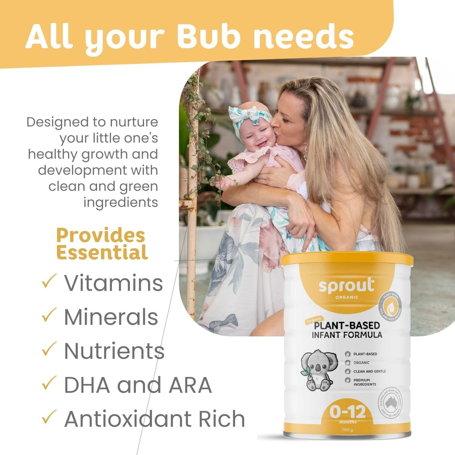 Sprout Organic Vegan Baby Formula, Plant-Based Baby Food for 0-12 Months, Foods Enriched with DHA, Dairy-Free, Soy-Free, Made in Australia (700G Tin) image number 5