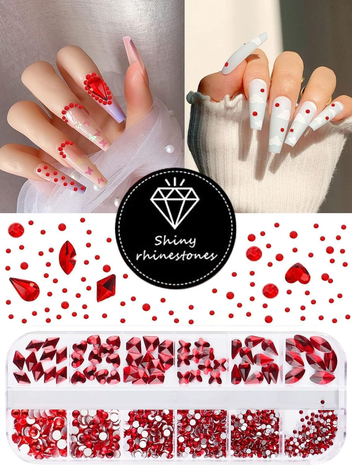 EBANKU Christmas Red Nail Rhinestones Hearts Butterfly round Shaped Nail Art Crystals Diamonds Flat Back Rhinestones 3D Diamond Stone Nail Gems with Tweezers for Halloween Christmas Valentine'S Day - Ab image number 3