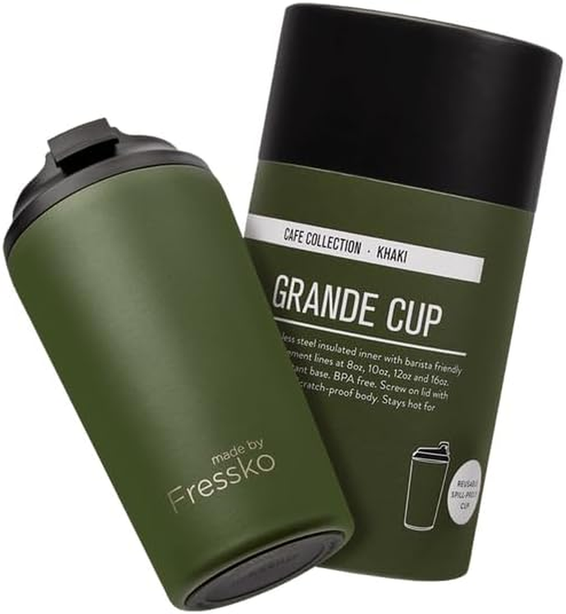 Made by Fressko Reusable Coffee Cup - Stainless Steel Insulated Mug - Leak Proof Travel Cup for Hot/Cold Drinks - 3 Hr Heat Retention - Fits Car Holders & Coffee Machines - Khaki - 16Oz 450Ml
