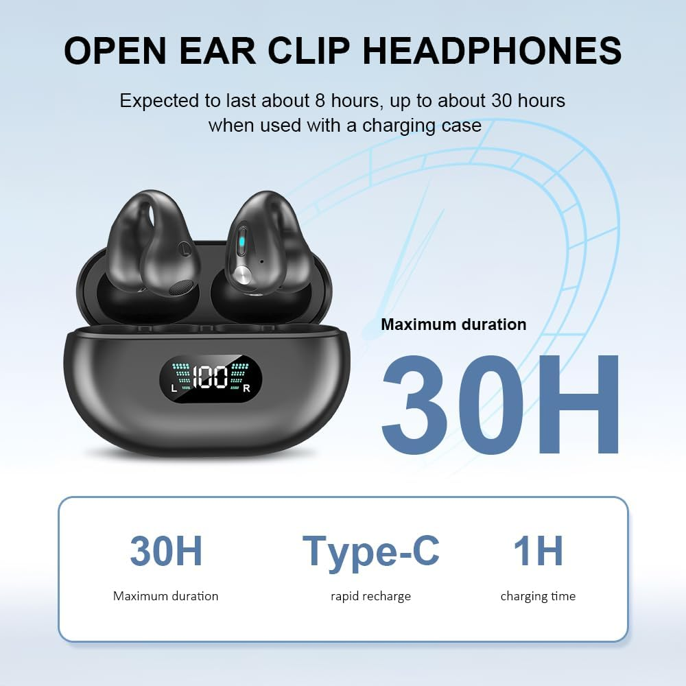 Slub Bone Sound Headphones, Open Ear Headphones Bluetooth, Ear Clip Sports Headphones, Bluetooth 5.3, Hifi Stereo Sound, Built-In Microphone, Suitable for Running, Fitness, Outdoor (Black) image number 5