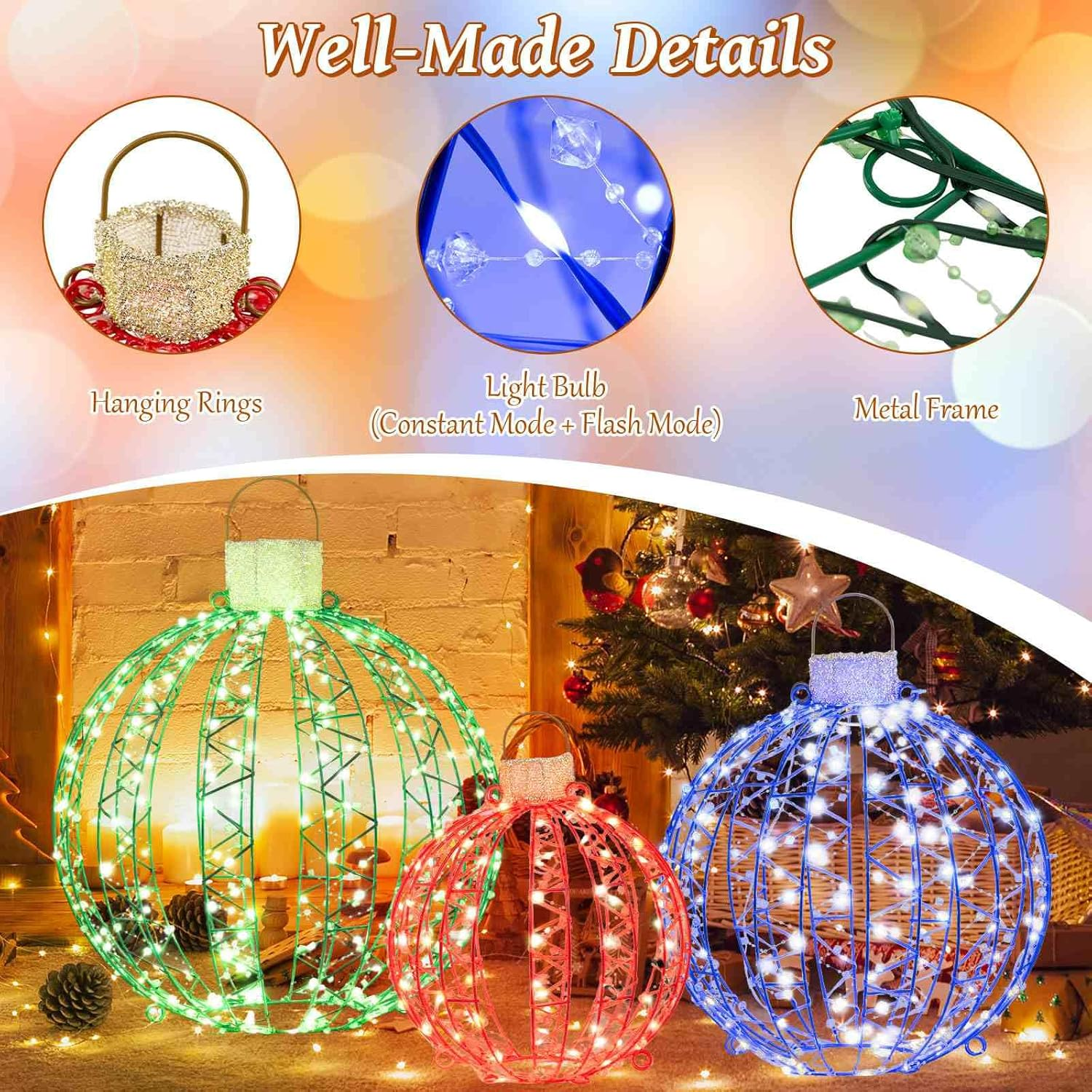 Costway 3 Pack Christmas Light Balls, Christmas Decoration Light Balls W/ 360 Led Lights & Metal Frame & Plug In, Lighted Sphere Balls for Outdoor Indoor Party Yard Lawn Tree Garden Decorations image number 5
