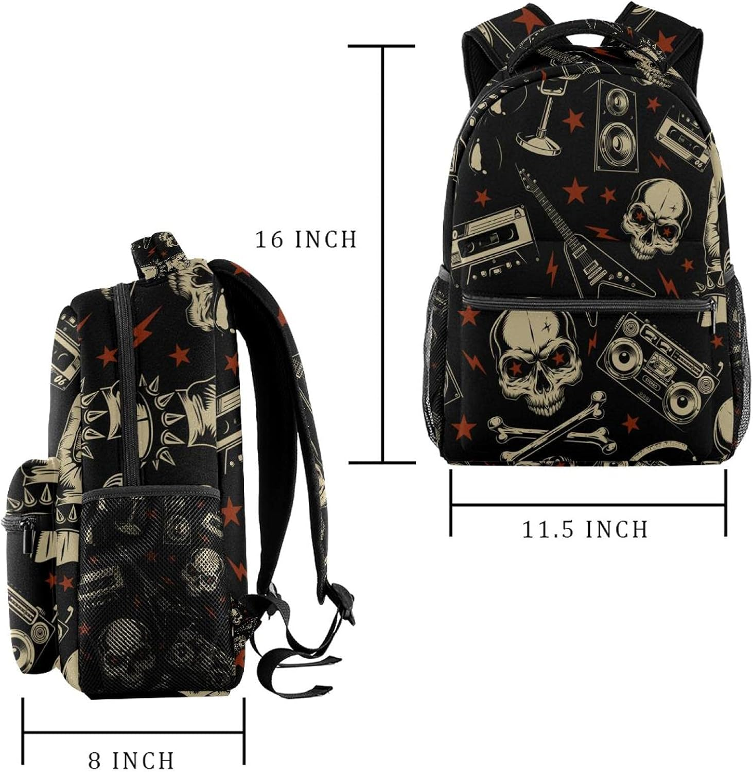 Grunge Pattern with Skulls Guitar Backpack Students Shoulder Bags Travel Bag College School Tote Backpacks image number 1