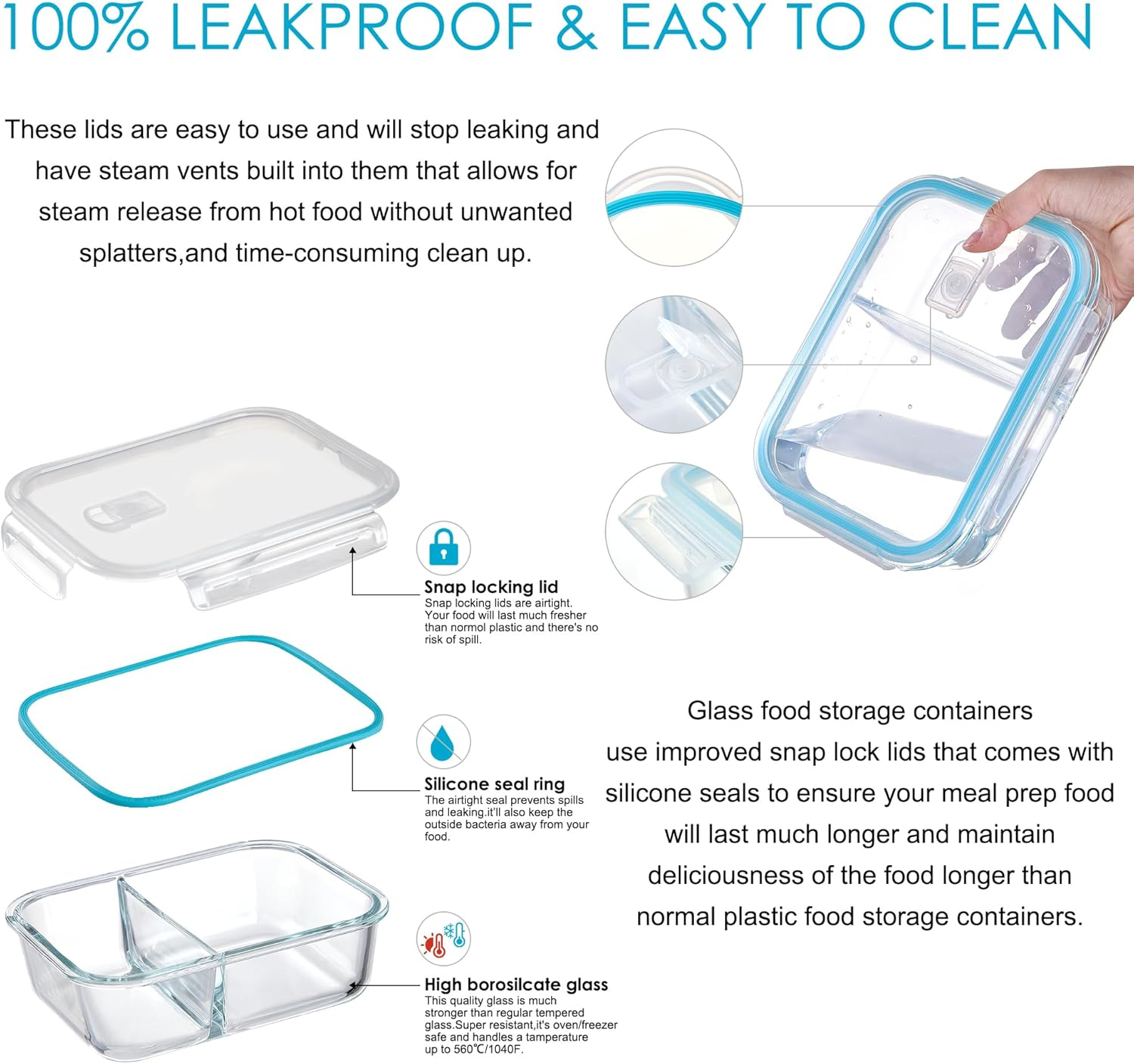 12 Pcs 6 Pack Glass Meal Prep 2 Compartment Containers. Food Storage Lunch Containers. Airtight Snap Lock Lids with Steam Vents. BPA Free. Microwave, Dishwasher, Oven & Freezer Safe. Food Organisation image number 2