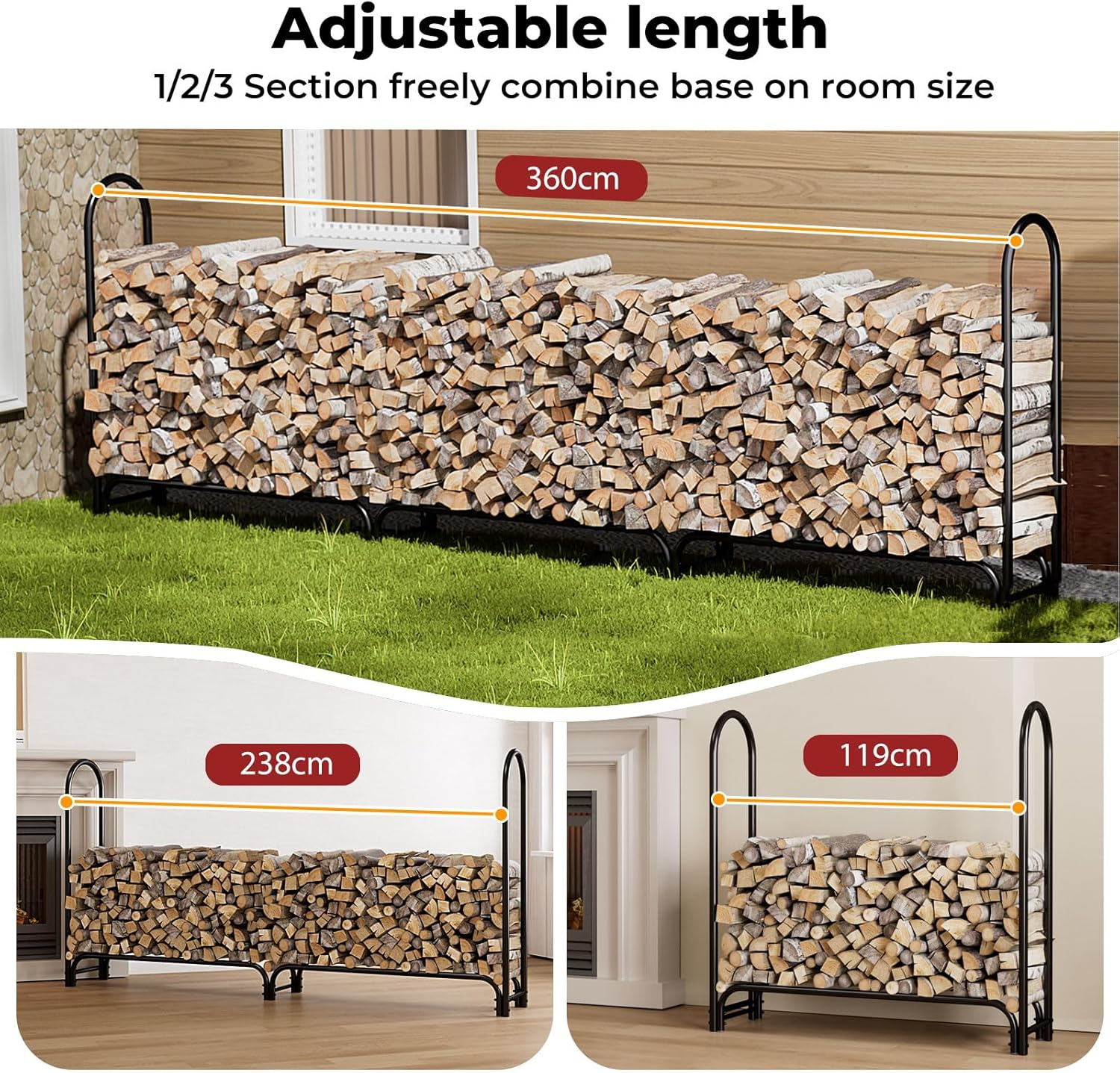 Moyasu 11.8 FT Firewood Rack with Waterproof Cover, Heavy Duty Wood Rack for Indoor Outdoor, Fire Wood Storage Rack with Side Pocket, Log Racks for Firewood,Wood Pile Stacker Firewood Holder, Black