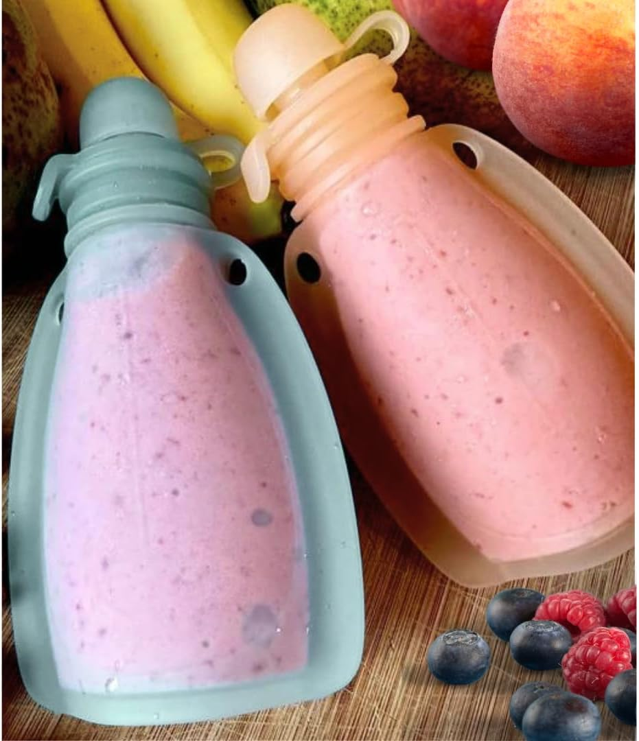 Reusable Silicone Food Pouch for Baby and Toddlers, Squeezable Pouch, Squeeze Pouch, Easy Clean Silicone Pouch for Pre-K and School, Homemade Baby Food Storage, 4Oz (White 2 Pack)