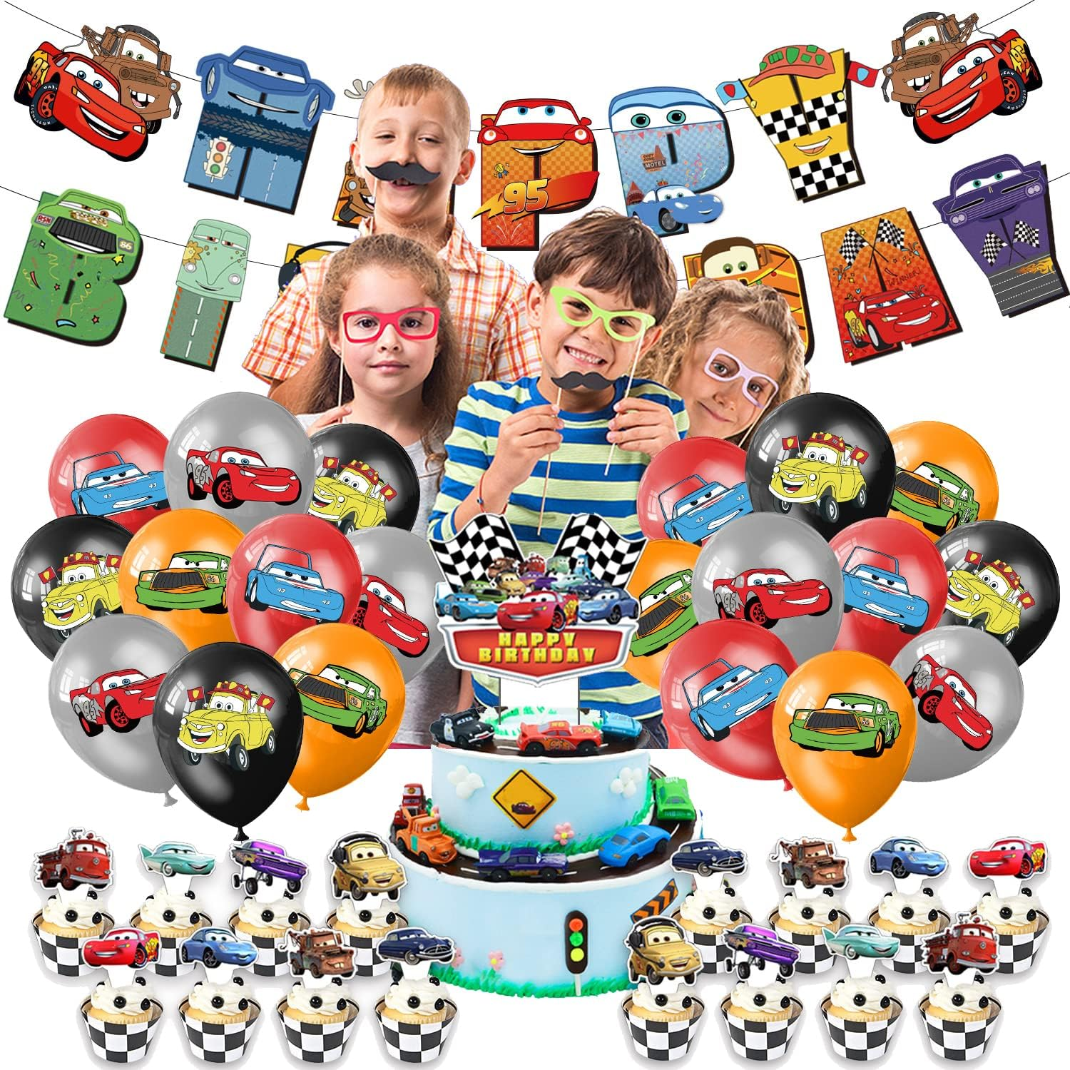 Birthday Decoration Race Car Balloons Racing Car Happy Birthday Banner Lightning Mcqueen Birthday Party Decorations Cars Birthday Balloons Decorations Mcqueen Car Cake Topper Race Car Party Supplies image number 2