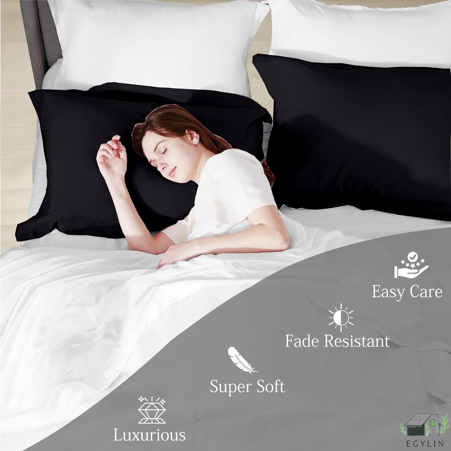 EGYLIN 800 TC Egyptian Cotton Black Duvet Cover Set Double Size 100% Long Staple Cotton Black Quilt Cover with 2Pc Pillowshams, Luxurious Soft Sateen Bedding Set image number 2