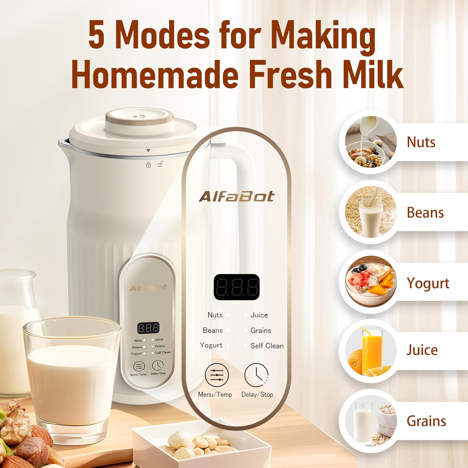 Nut Milk Maker, Alfabot Automatic Almond Milk Machine for Homemade Plant-Based, Oat, Soy, Yogurt, 5 Modes/35Oz Big Capacity Soy Milk Maker with Delay Setting and Self Cleaningmaker image number 3
