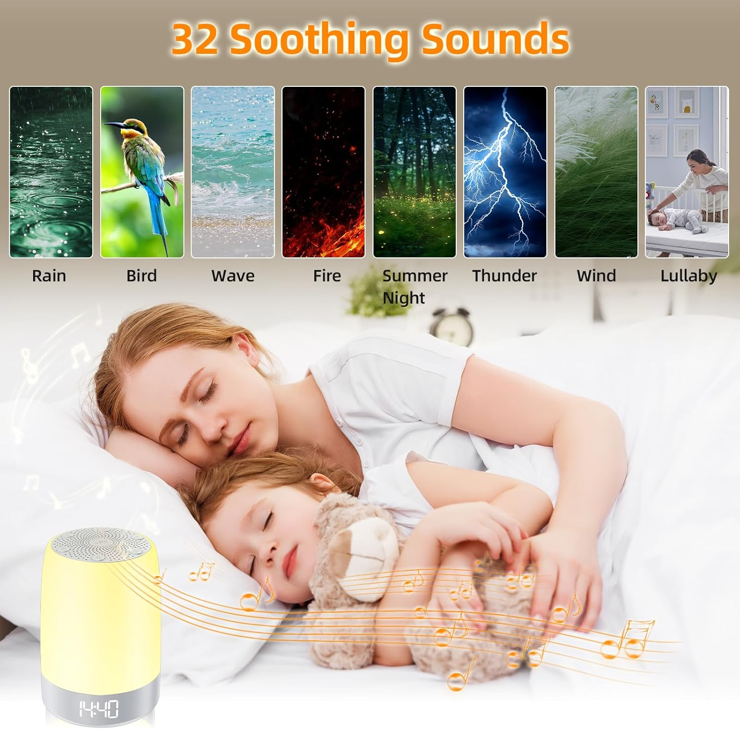 White Noise Machine for Baby Adult, 32 Soothing Sounds Sleep Sound Machine with Night Lights, Alarm Clock, App Remote Control, Wireless Speaker for Sleeping Relaxing Travel Office image number 6