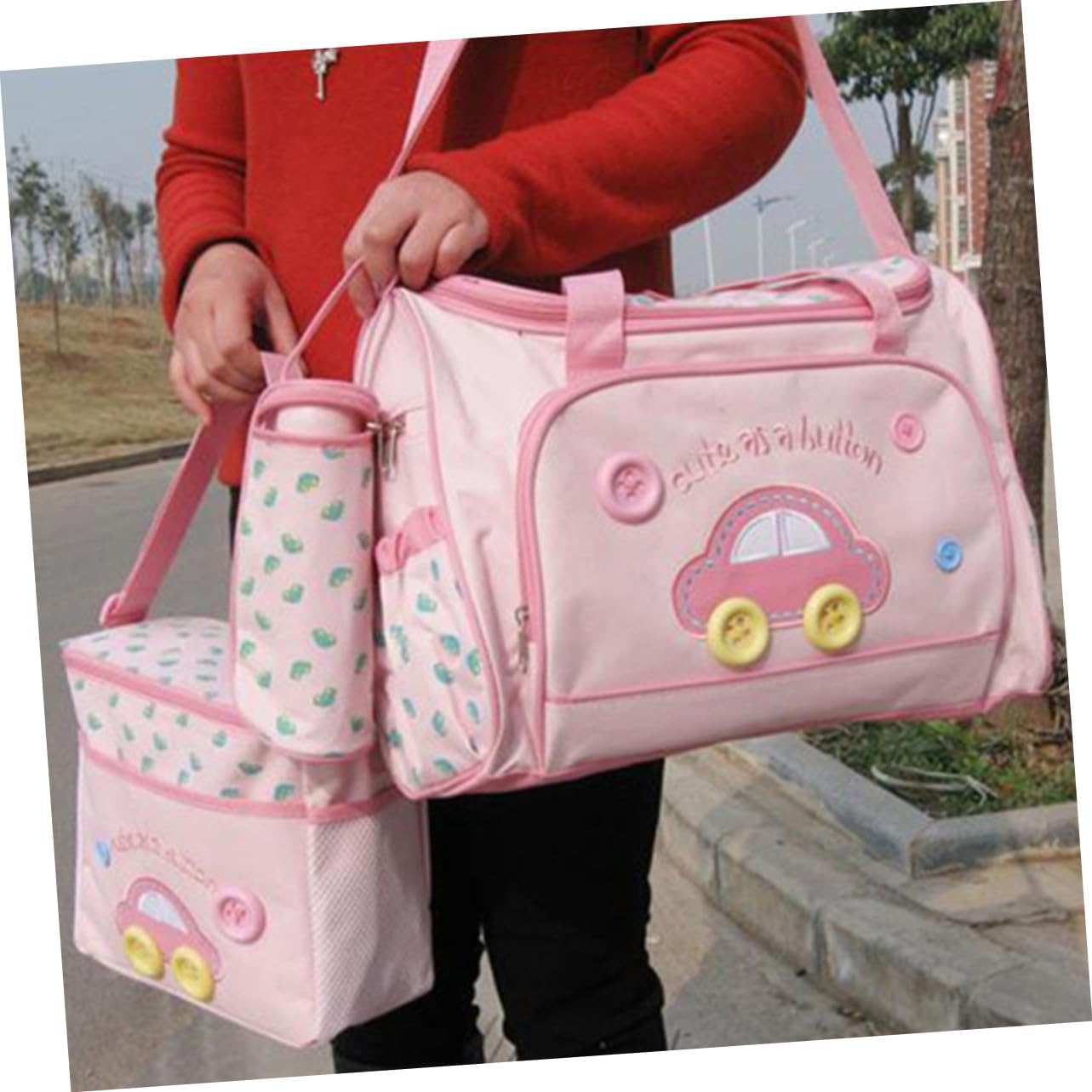 Totority Portable Diaper Bag Set 4-In-1 Multi-Function Mom Bag Large Nappy Bottle Car Theme Nappy Change Mat image number 4