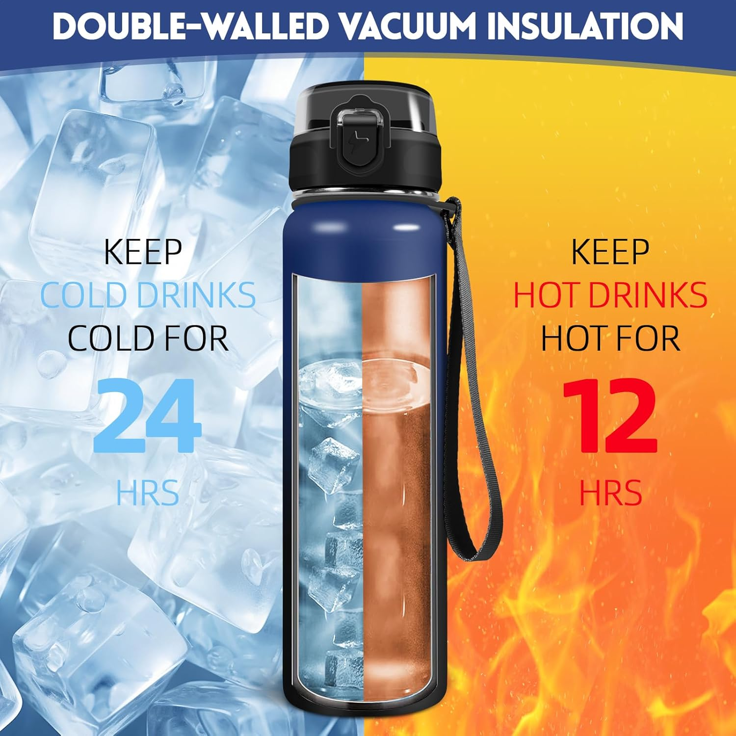 Vikastar Drinking Bottle, 1 Litre Leak-Proof, Sports Water Bottle, with Time Marking & Straw, Bottles, Carbonated Drinking Bottle, Suitable for School, Bicycle, Blue Black image number 6