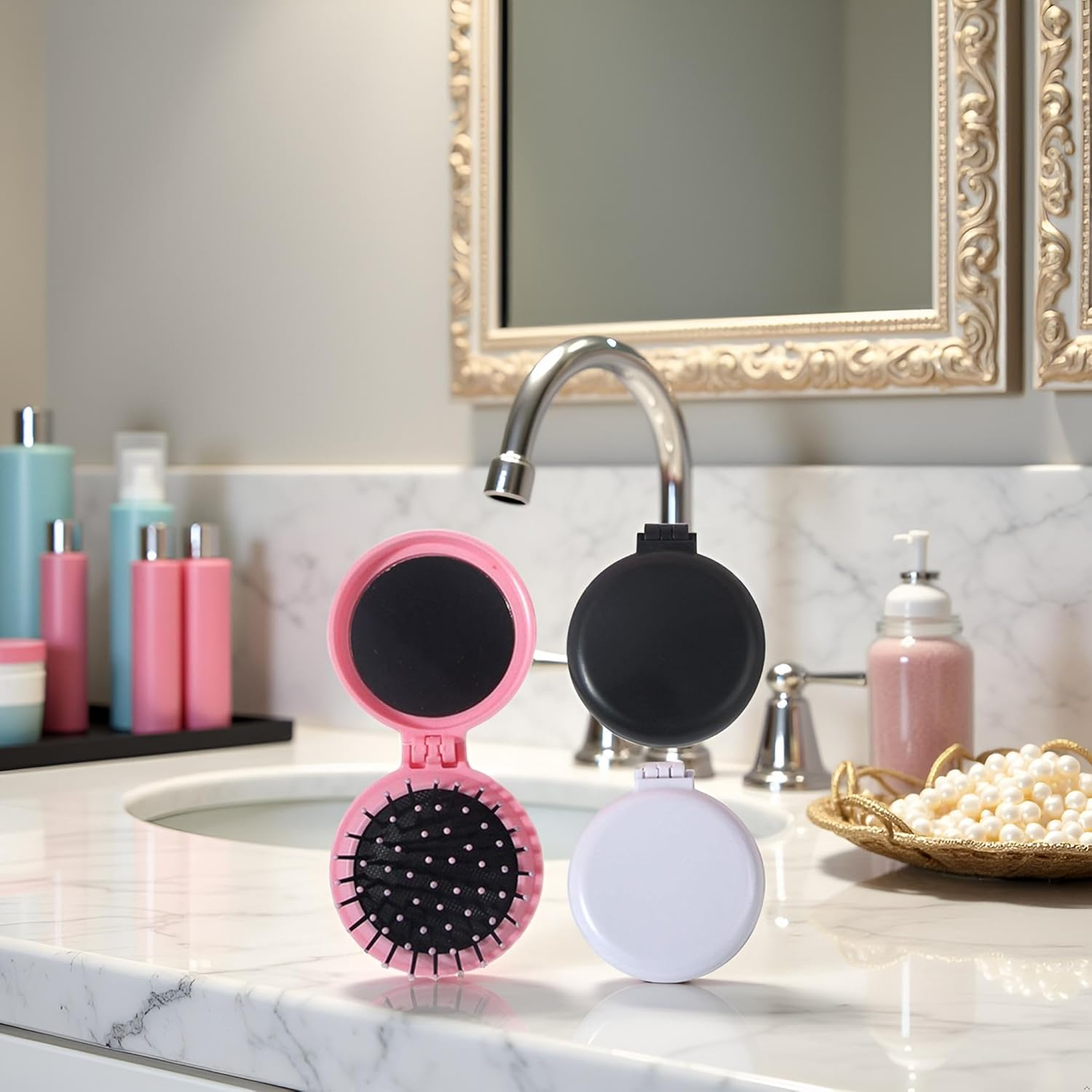 2Pcs Black and Pink Folding Travel Hair Brush with Mirror, round Portable Folding Pocket Hair Brush Mini Hair Massage Compact Mirror with Comb Travel Size for Men Women Styling Tools and Appliances image number 1