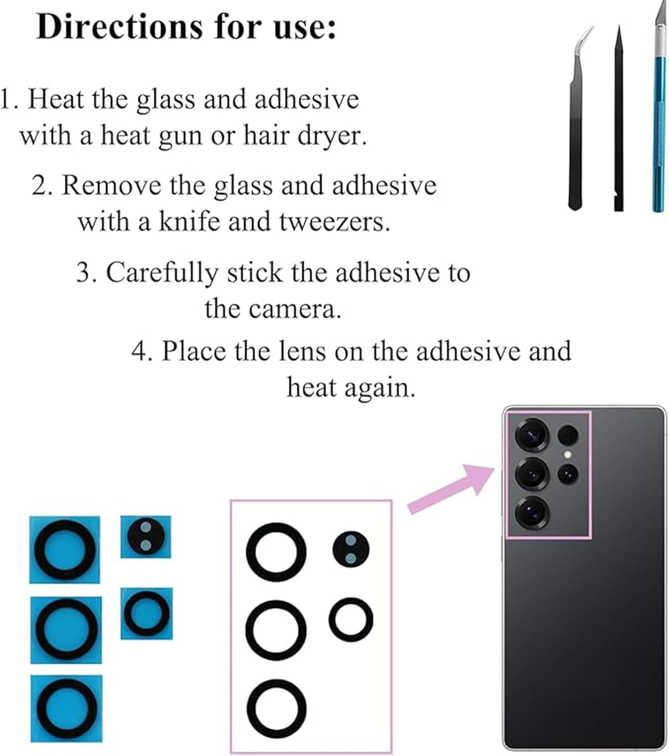 5Pcs/Set S25 Ultra Rear Back Camera Lens Glass Replacement for Samsung Galaxy S25 Ultra Camera Lens Replacement with Repair Tool Kit, Anti-Scratch image number 1