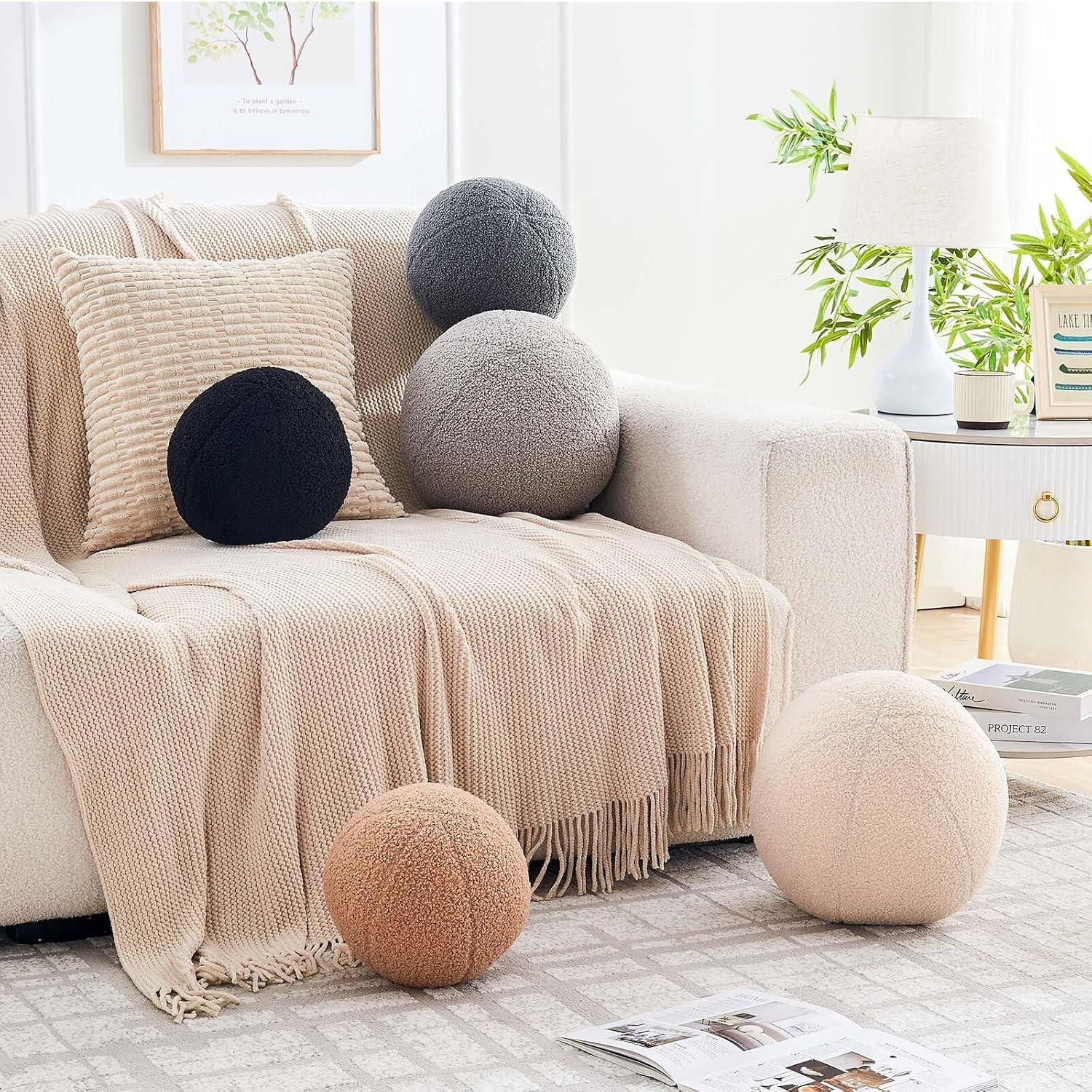 Uvvyui Beige Sphere Boucle Plush Pillow Cushion, Soft Decorative Throw Pillow, 11.8 Inch Sphere Pillow for Couch, Sofa, Bedroom image number 1