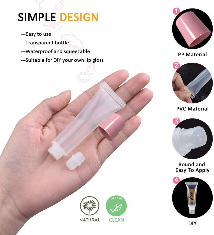 AMORIX 50PCS Lip Gloss Tubes 20Ml Pink Cap Lip Gloss Containers Empty Lip Balm Tubes Refillable Cosmetic Squeeze Lipgloss Tubes + 2 X 20Ml Syringes Tag Labels for DIY Lip Gloss Glitter image number 4