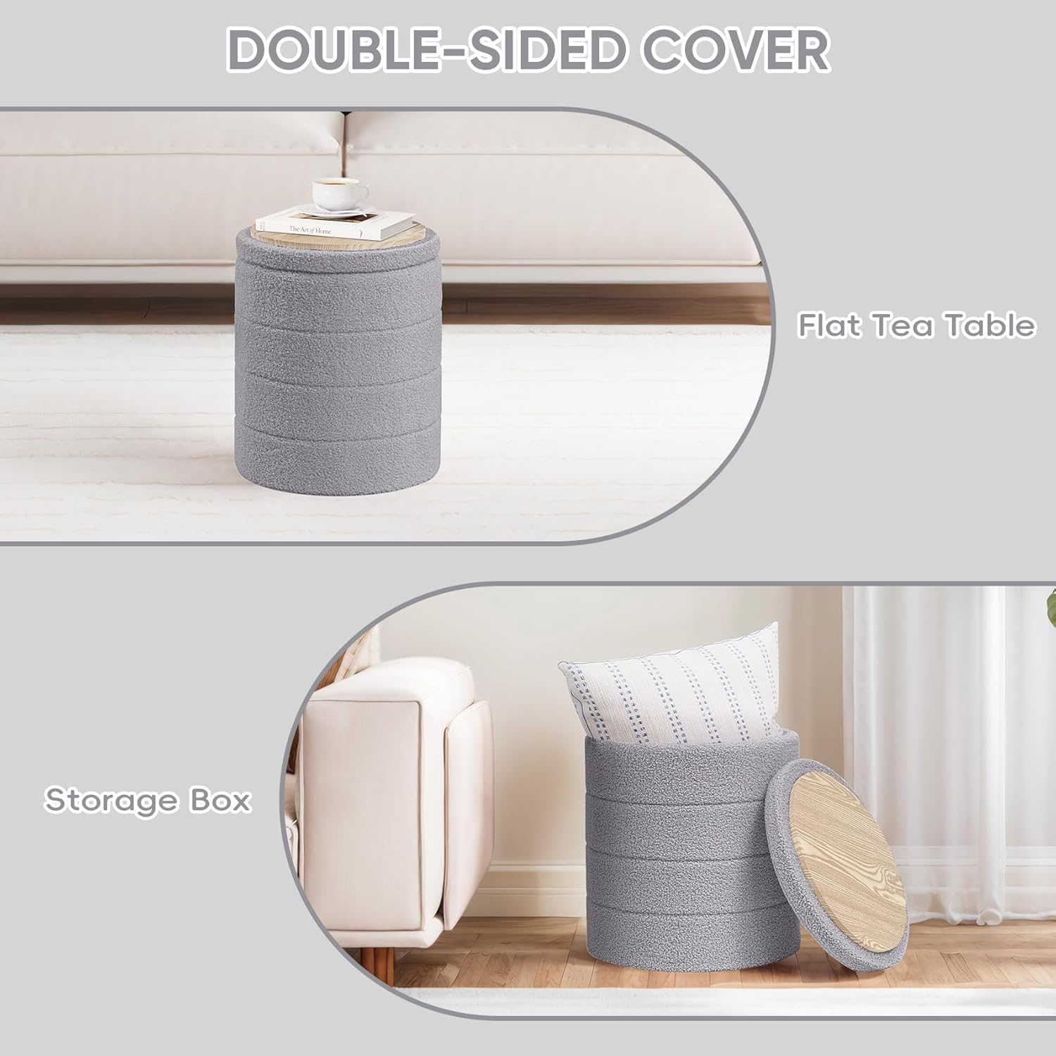 PINPLUS round Storage Ottoman, Foldable Sherpa Ottoman Footstool Storage with Coffee Table for Living Room, Bedroom, Dorm (Dark Grey) 14.6"X14.6"X17.7" image number 6