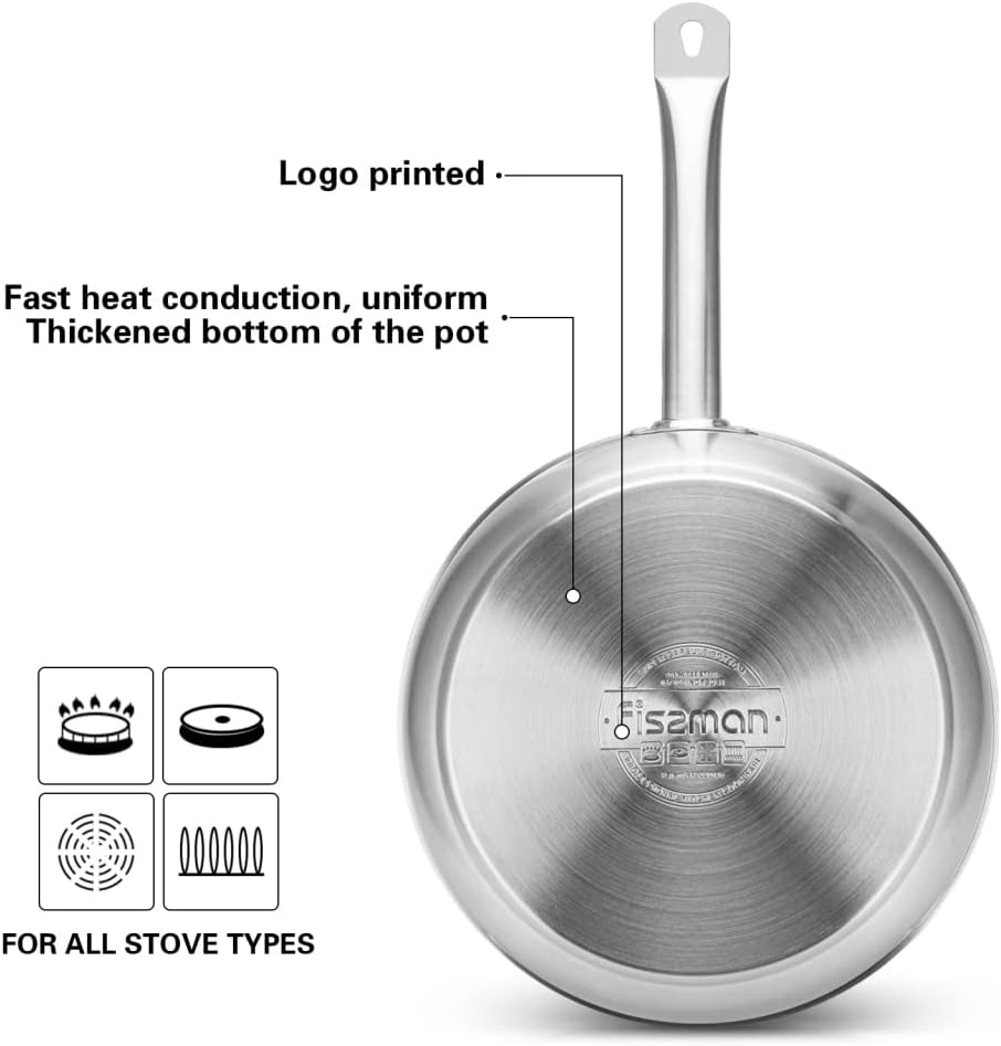 Fissman Deep Stainless Frying Pan 28 Cm, Professional Cookware with Induction Bottom, Compatible with Gas, Electric and Glass-Ceramic, Silver (1 Deep Frying Pan, 24 Cm) image number 4