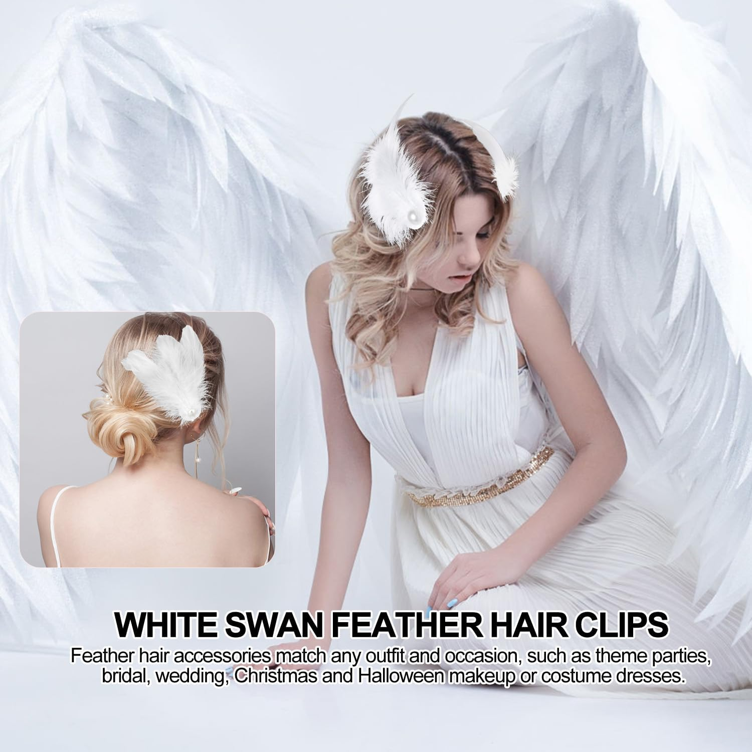 Gosknor 2Pcs White Swan Feathers Barrettes, Ballet Swan Lake Headpiece, Ostrich Feathers Hairpin for Stage Performances, Cosplay Costume image number 4