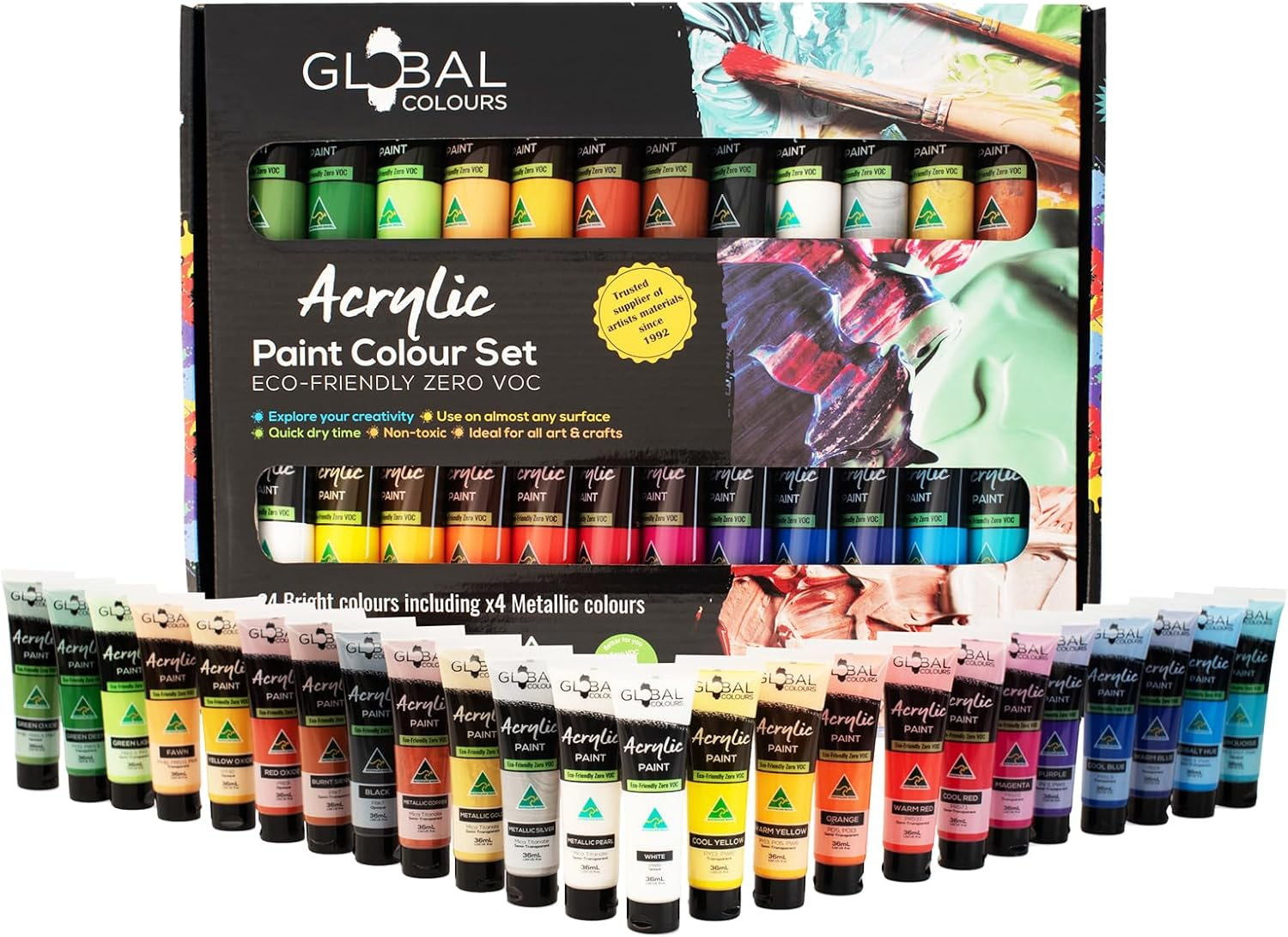 GLOBAL COLOURS Acrylic Paint Set &ndash; 24 X 36Ml Tubes. Artist Quality, Waterproof Paints for Canvas, Wood, Paper, Ceramics &ndash; Non-Toxic, Made in Australia. Ideal for Beginners & Kids image number 3