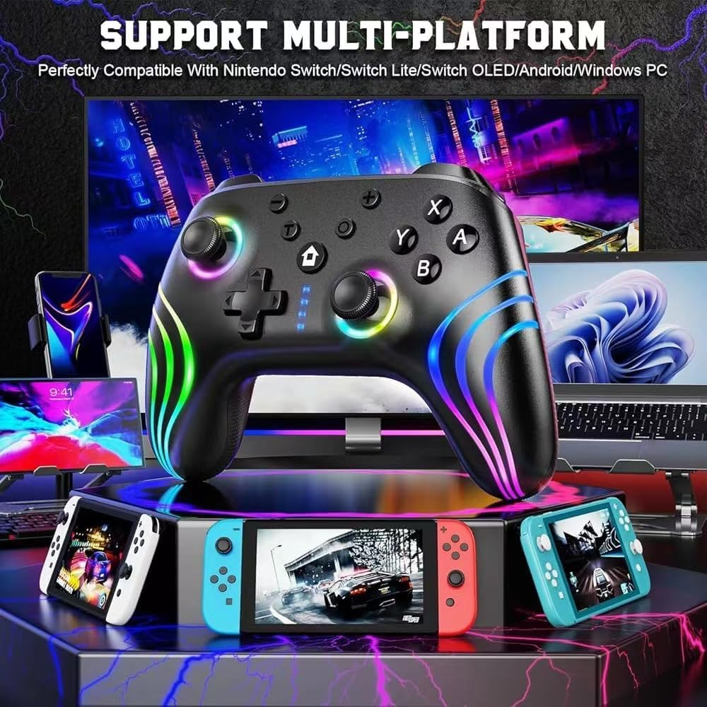 Wireless Switch Pro Controller with Hall Triggers, PC Pro Controllers for Nintendo Switch/Lite/Oled/Pc/Android/Ios/Steam with 9-Cool RGB Leds, 6-Axis Gyro Sensor Wake-Up Vibration Turbo - Black image number 4
