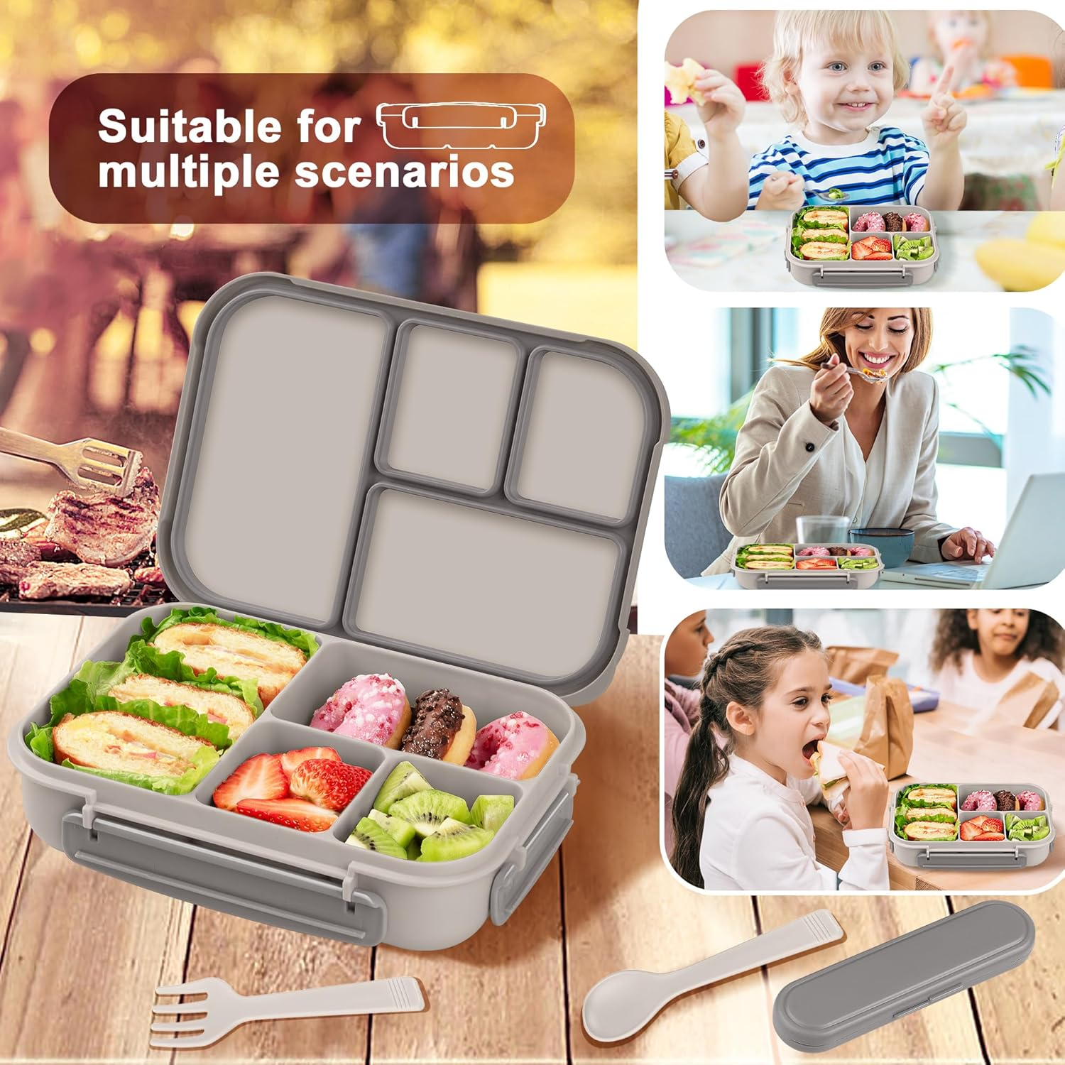 Lunch Box Kids,Bento Box Adult,Leakproof Lunch Containers for Adults/Kids/Toddler,1200Ml-4 Compartments Bento Lunch Box with Utensil,Microwave & Dishwasher & Freezer Safe (White) image number 4