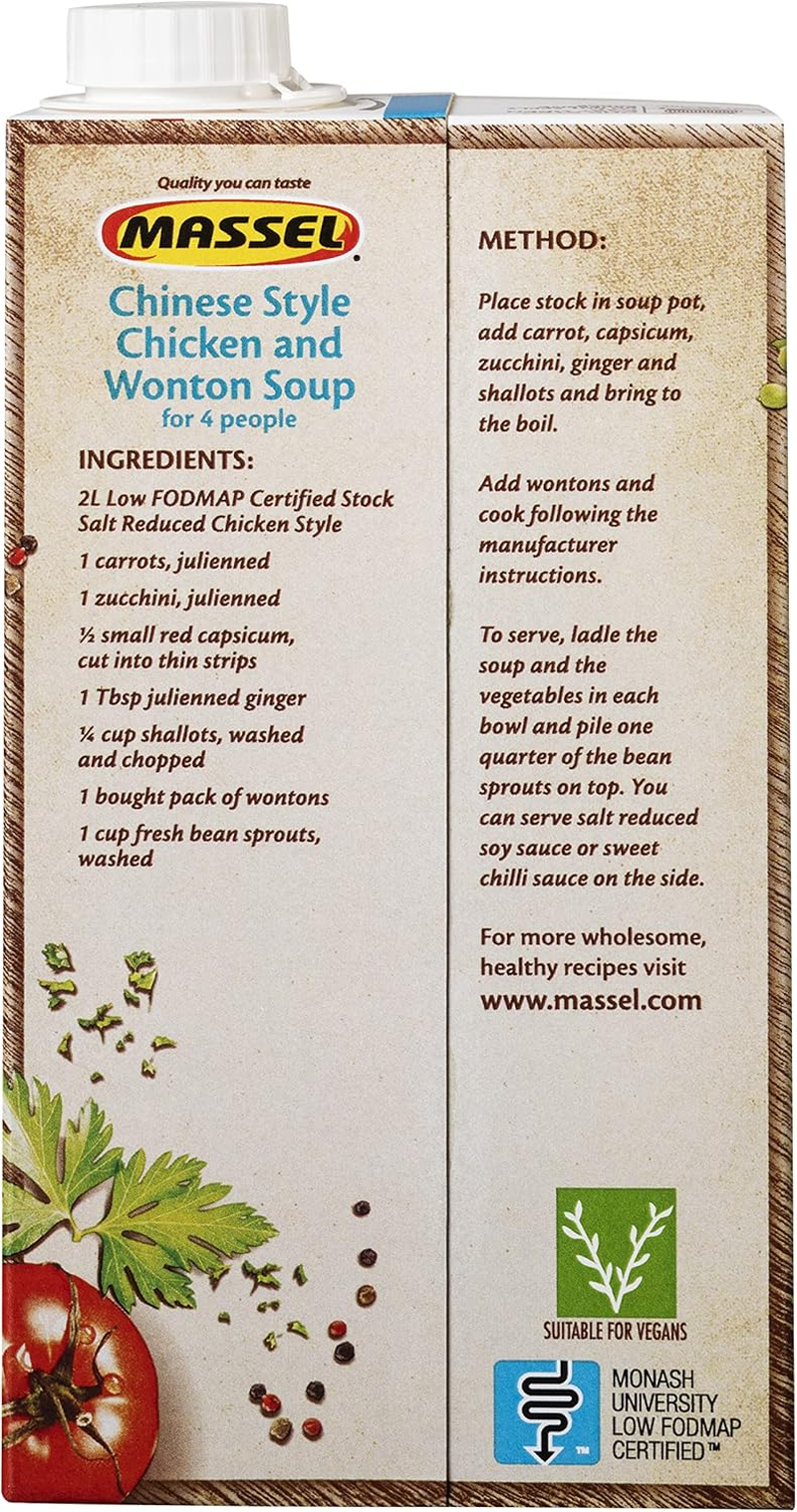 Massel Salt Reduced Chicken Style Liquid Stock - 6 X 1 Litre Carton | Plant Based, Low FODMAP, Gluten Free, Dairy Free, Trans Fat Free, No Added MSG, Vegan Friendly | Stock Powder/Cube Alternative