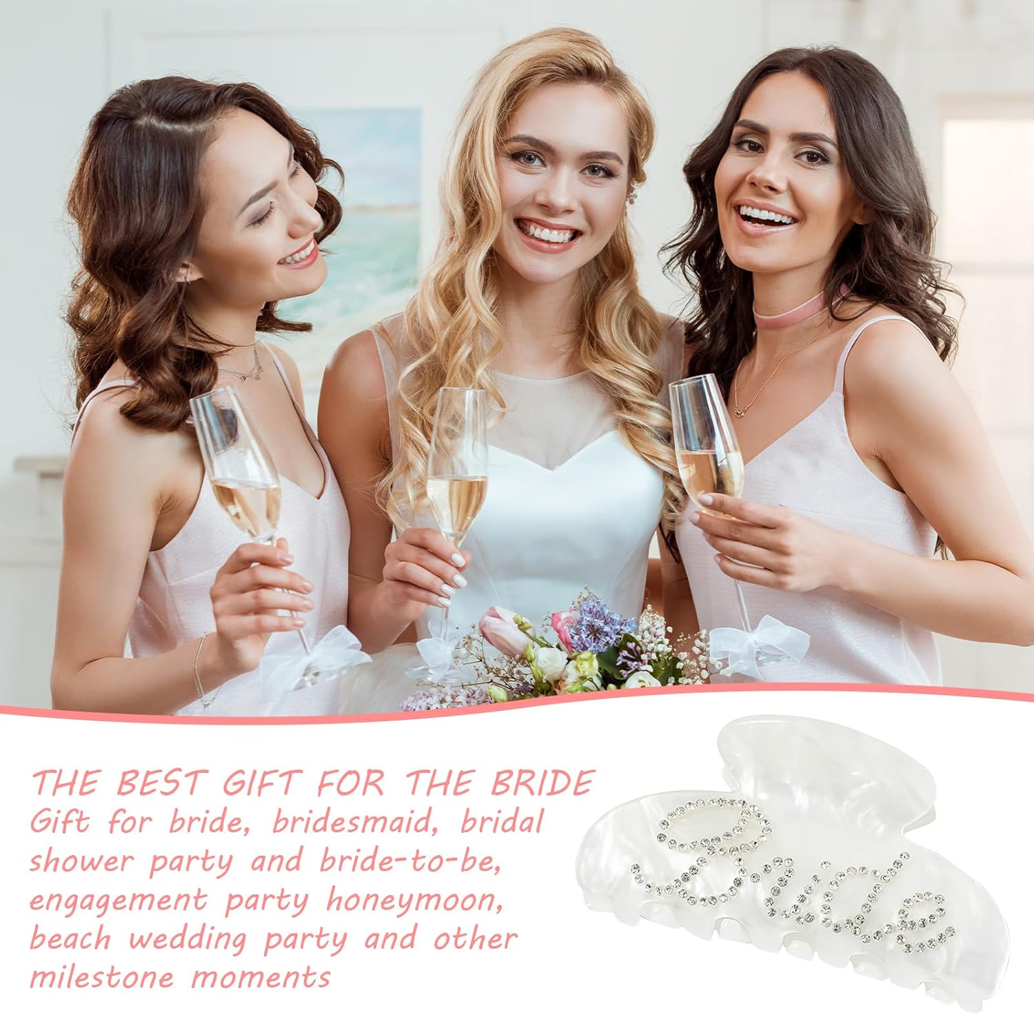 Bride Claw Hair Clip,​ Bride White Acrylic Hair Clips with Rhinestone Logo, Bachelorette Party Wedding Birthday Banana Barrettes Hair Decorations for Girl, Trendy Bridal Claws(White) - Pink image number 4