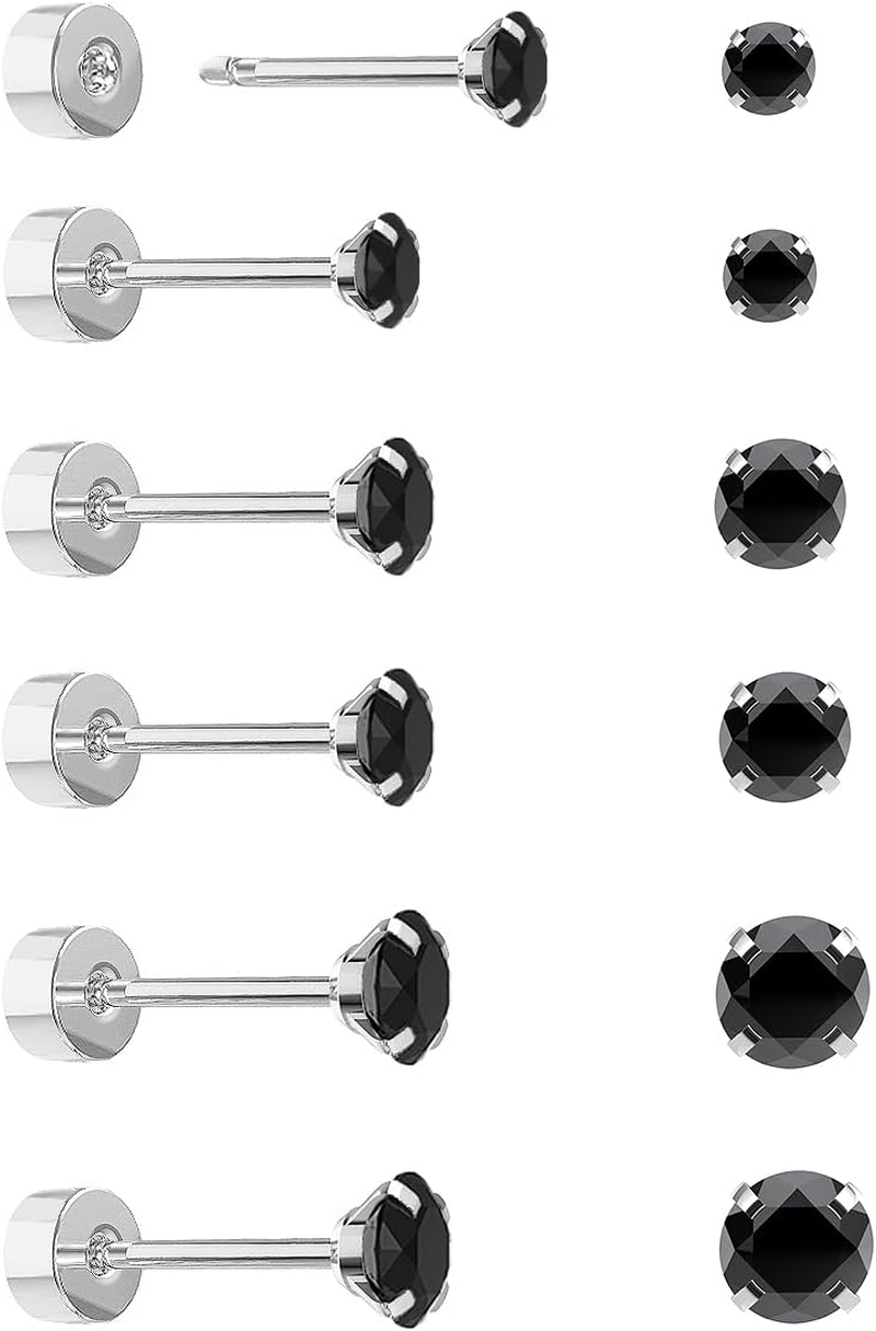 5-6 Pairs Push-In Flat Back Stud Earrings Hypoallergenic Surgical Stainless Steel Cubic Zirconia Earrings Studs Set Multi-Pack, CZ Stud Earrings for Women Men Trendy Cartilage Stud Earrings 2-8Mm