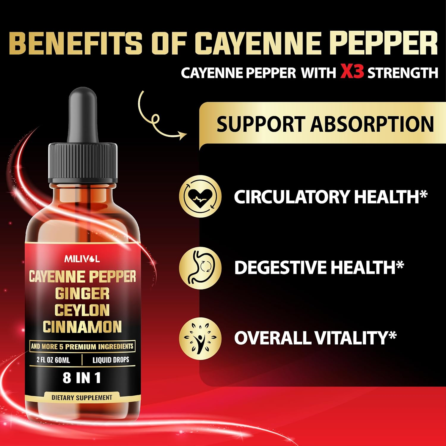 8In1 Cayenne Pepper Liquid Drops with Ginger, Ceylon Cinnamon and 5 More Herbals - Digestion, Circulatory Heath Support - 2 Fl Oz for 2 Months image number 3