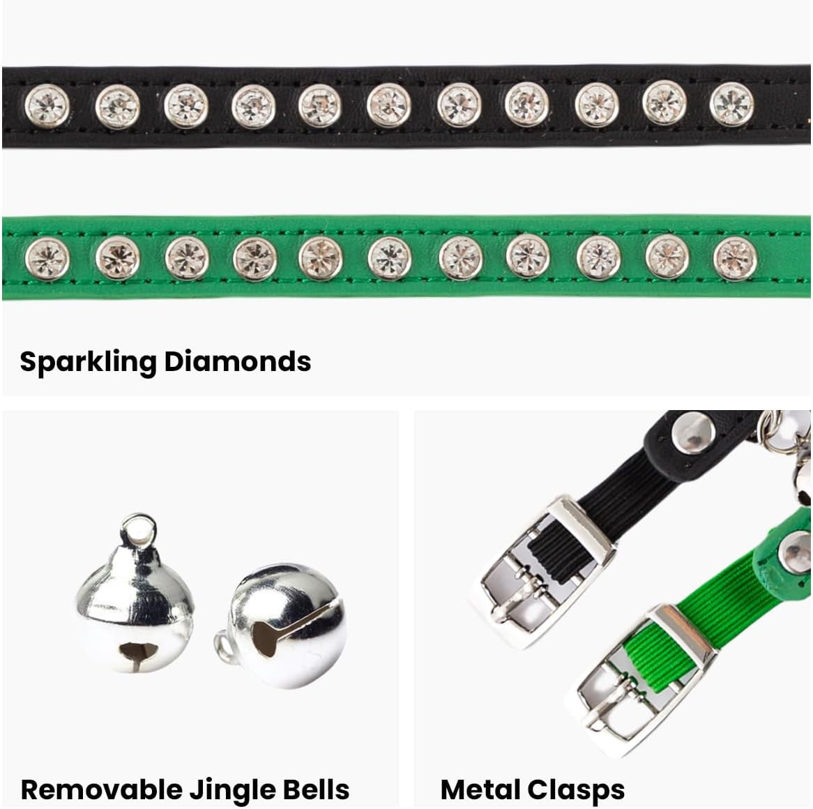 2 Pack Cat Collars with Bells, Rhinestones Leather Cat Collar with Elastic Strap, Kitten Collar, Adjustable Diamond Cat Collar for Girl Boy, 7.5" - 11.5", Black and Green image number 6