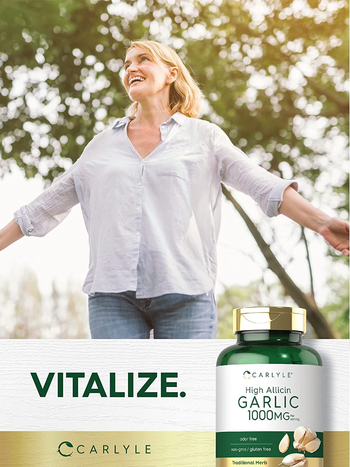 High Allicin Garlic Supplement 500Mg | 180 Caplets | Odorless Garlic Pills | Vegetarian, Non-Gmo, Gluten Free | by Carlyle image number 1