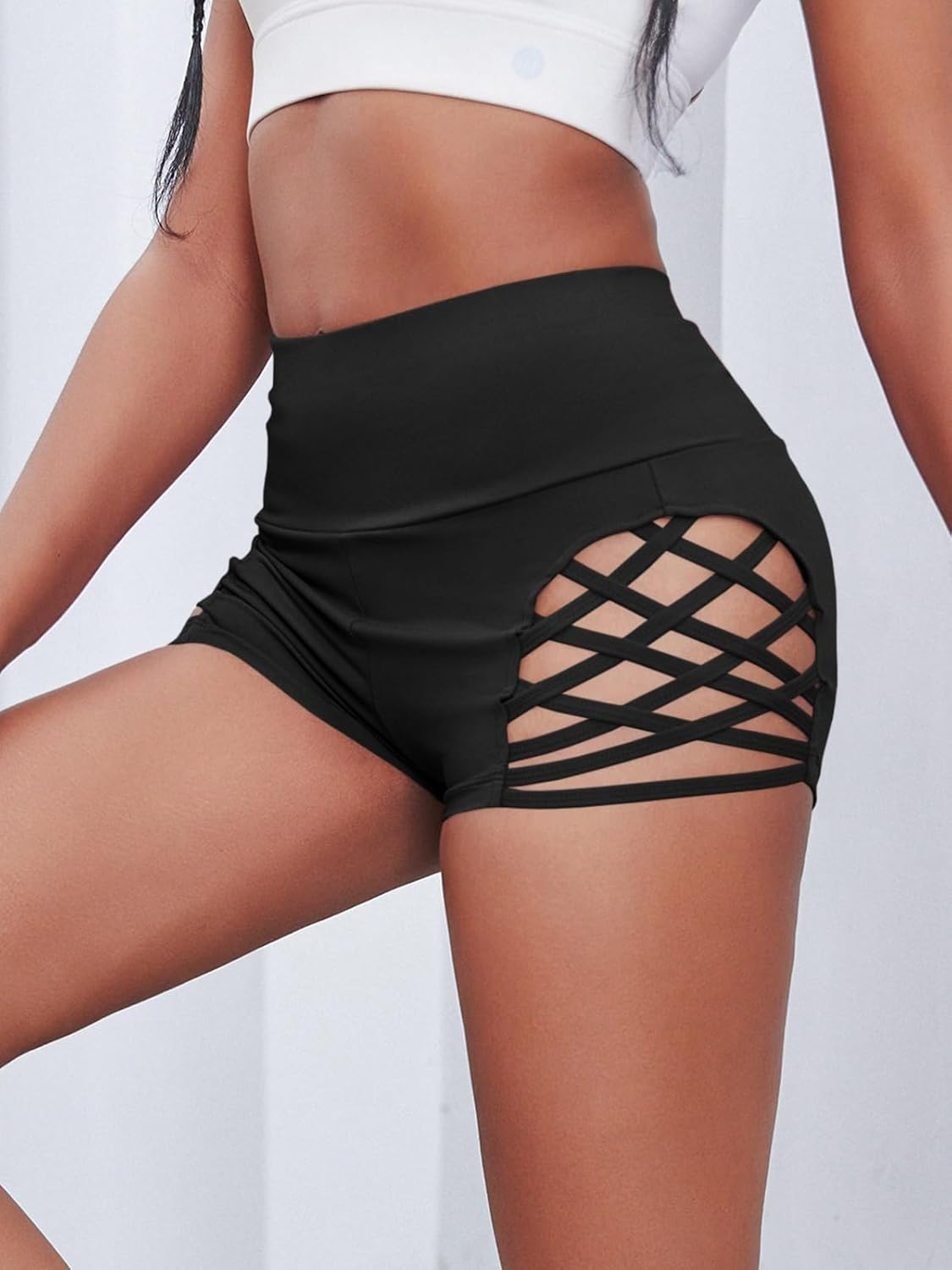 Fisoew Women'S Workout Yoga Shorts High Waist Tummy Control Criss Cross Athletic Sports Booty Short Leggings image number 2