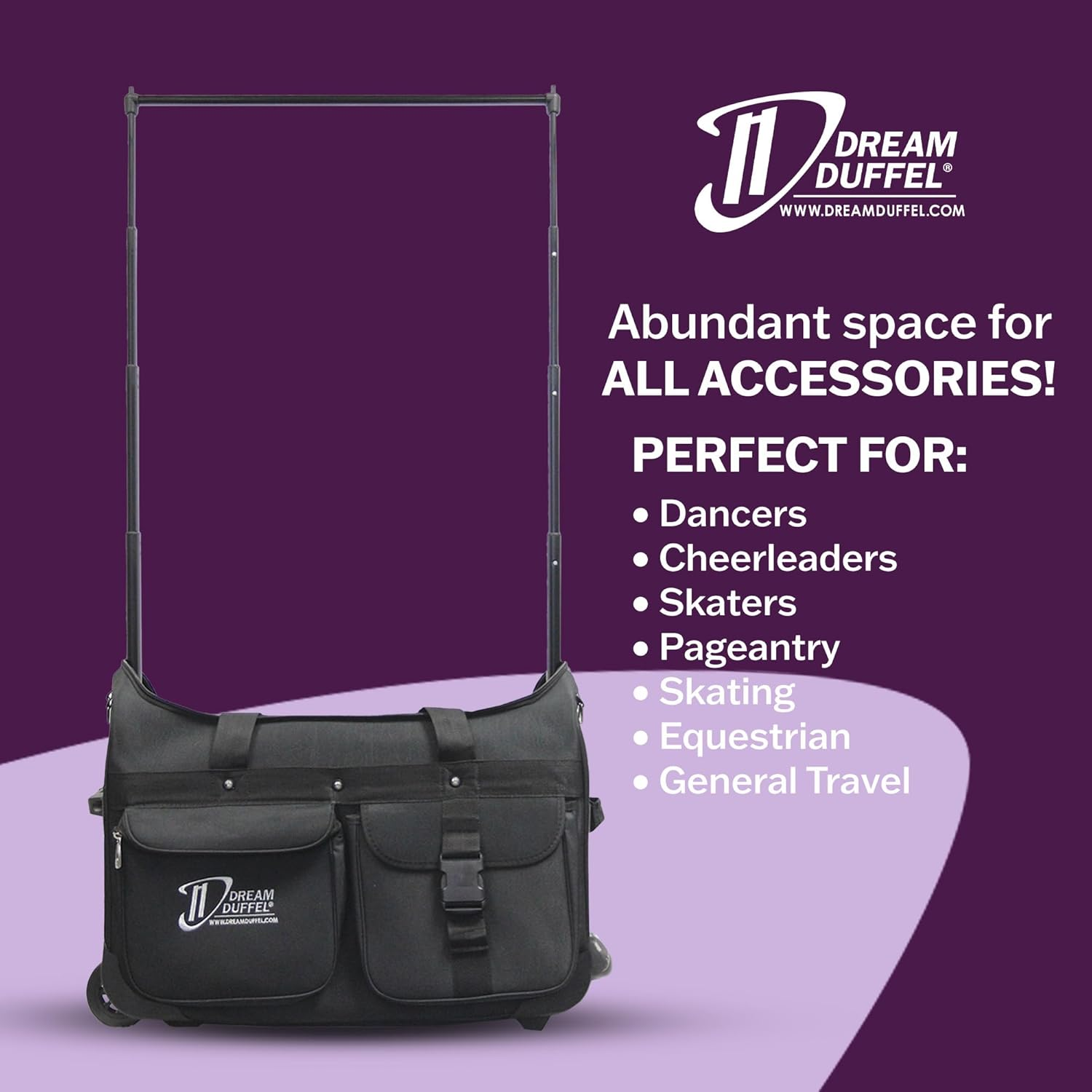 Medium Dream Duffel Rolling Bag with Garment Rack for Dance & Travel, 26&rdquo; Black