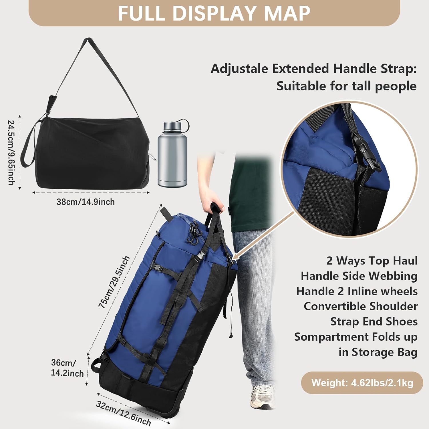 CONTAIL 86L Foldable Wheeled Duffel Backpack with Padded Quilted Bottom, Waterproof Collapsible Travel Duffle Bag with Extended Web Handles, Navy, Litle, Expandable Luggage with Spinner Wheels image number 4